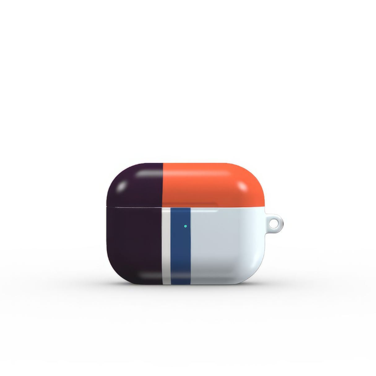 Apple AirPods Pro tough case Retro Stripes Blue pattern design with a bold color blocks in vintage, mid century modern style, featuring an elegant and expressive aesthetic design. Main colors are deep purple, navy, light blue and orange red. Front view.