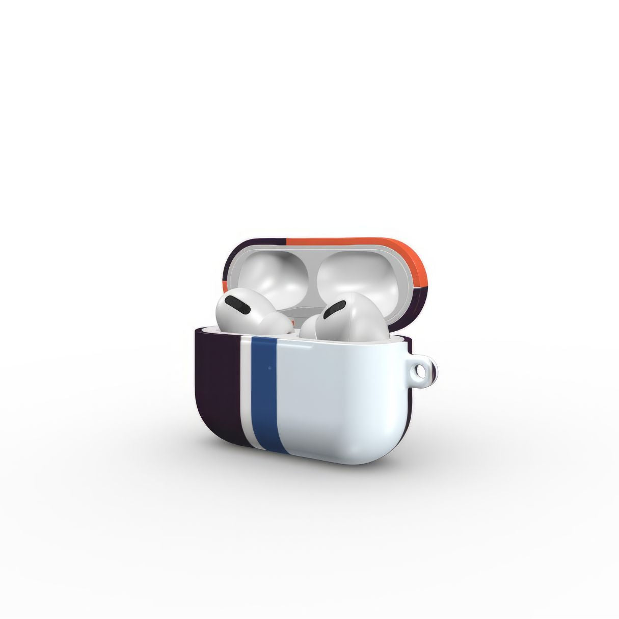 Apple AirPods Pro tough case Retro Stripes Blue pattern design with a bold color blocks in vintage, mid century modern style, featuring an elegant and expressive aesthetic design. Main colors are deep purple, navy, light blue and orange red. Open side view.
