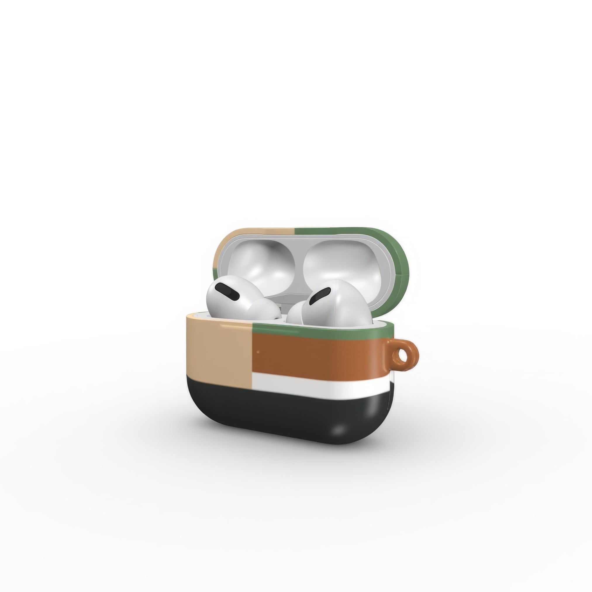 Apple AirPods Pro tough case Retro Stripes Khaki pattern design with a bold color blocks in vintage, mid century modern style, featuring an elegant and expressive aesthetic design. Main colors are khaki, dark green, brown and cappuccino. Sde open view.