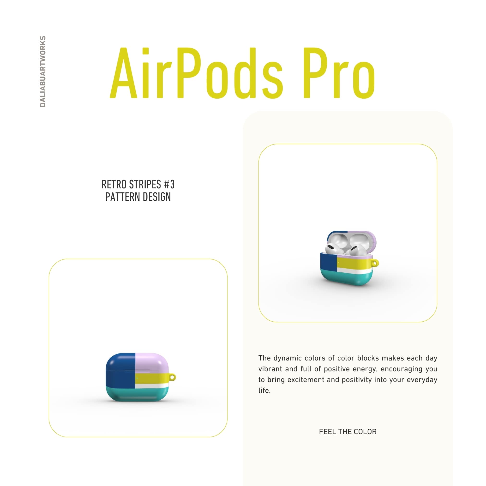 AirPods Pro tough shell case Retro Stripes Teal pattern design with a bold color blocks in vintage, mid century modern style, featuring an elegant and expressive aesthetic design. Main colors are navy blue, teal green, lilac and yellow. Front view.