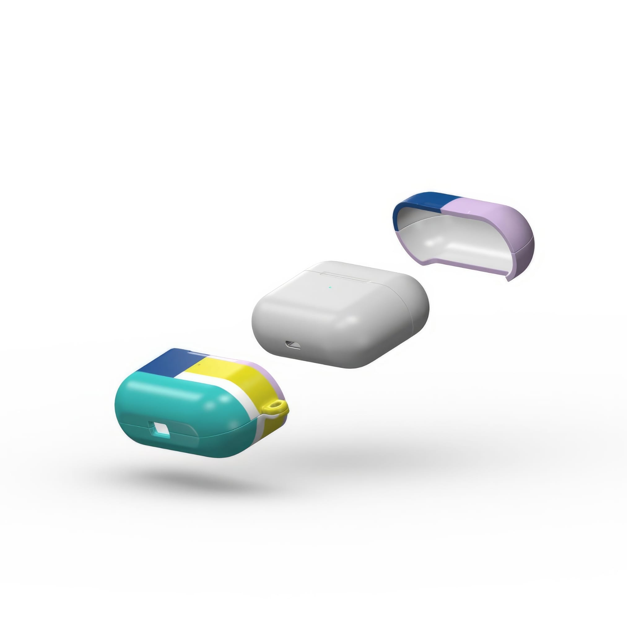 AirPods Pro tough shell case Retro Stripes Teal pattern design with a bold color blocks in vintage, mid century modern style, featuring an elegant and expressive aesthetic design. Main colors are navy blue, teal green, lilac and yellow. Extend view.