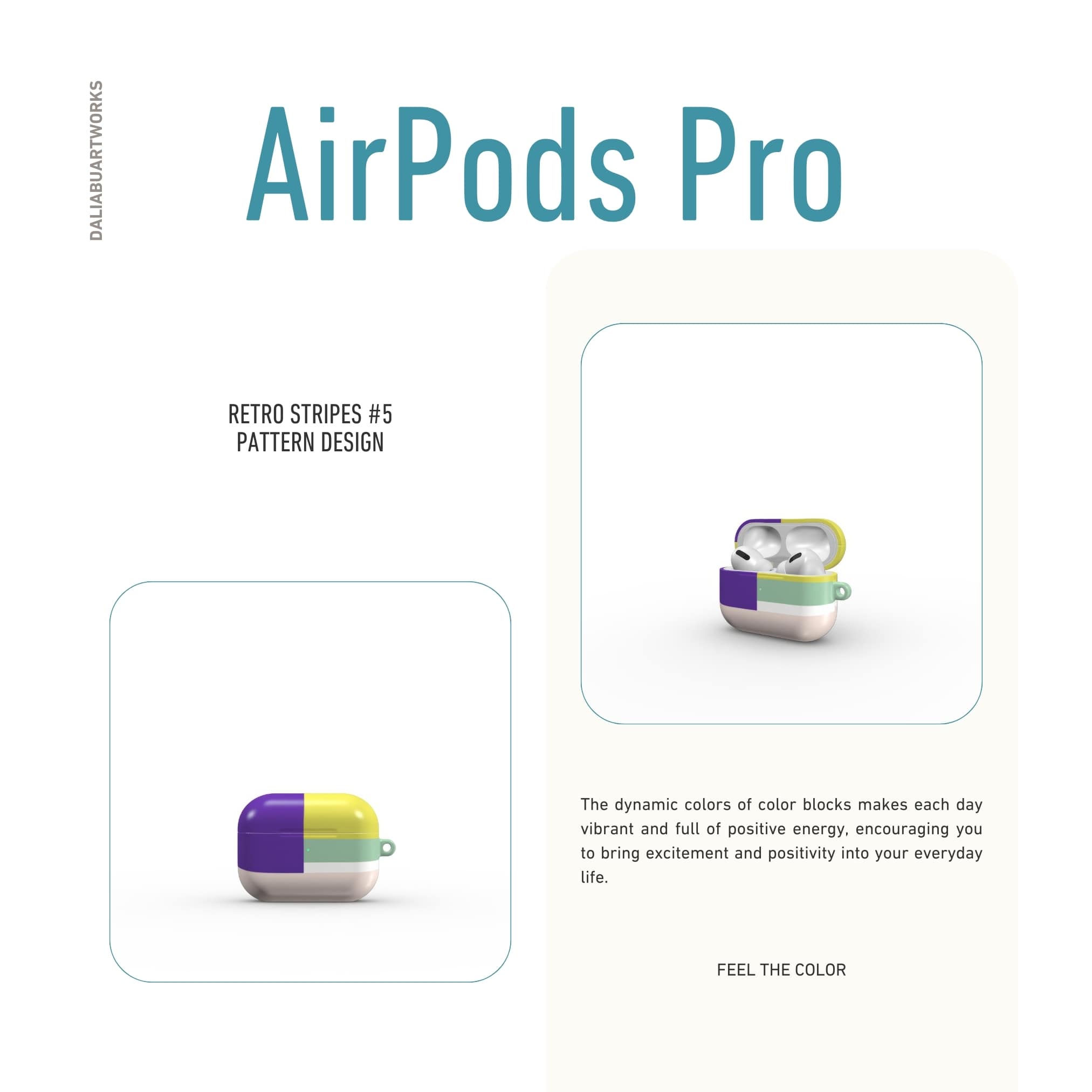 AirPods Pro tough case Retro Stripes Yellow pattern design with a bold color blocks in vintage, mid century modern style, featuring an elegant and expressive aesthetic design. Main colors are mustard yellow, purple and light pink. Front view.