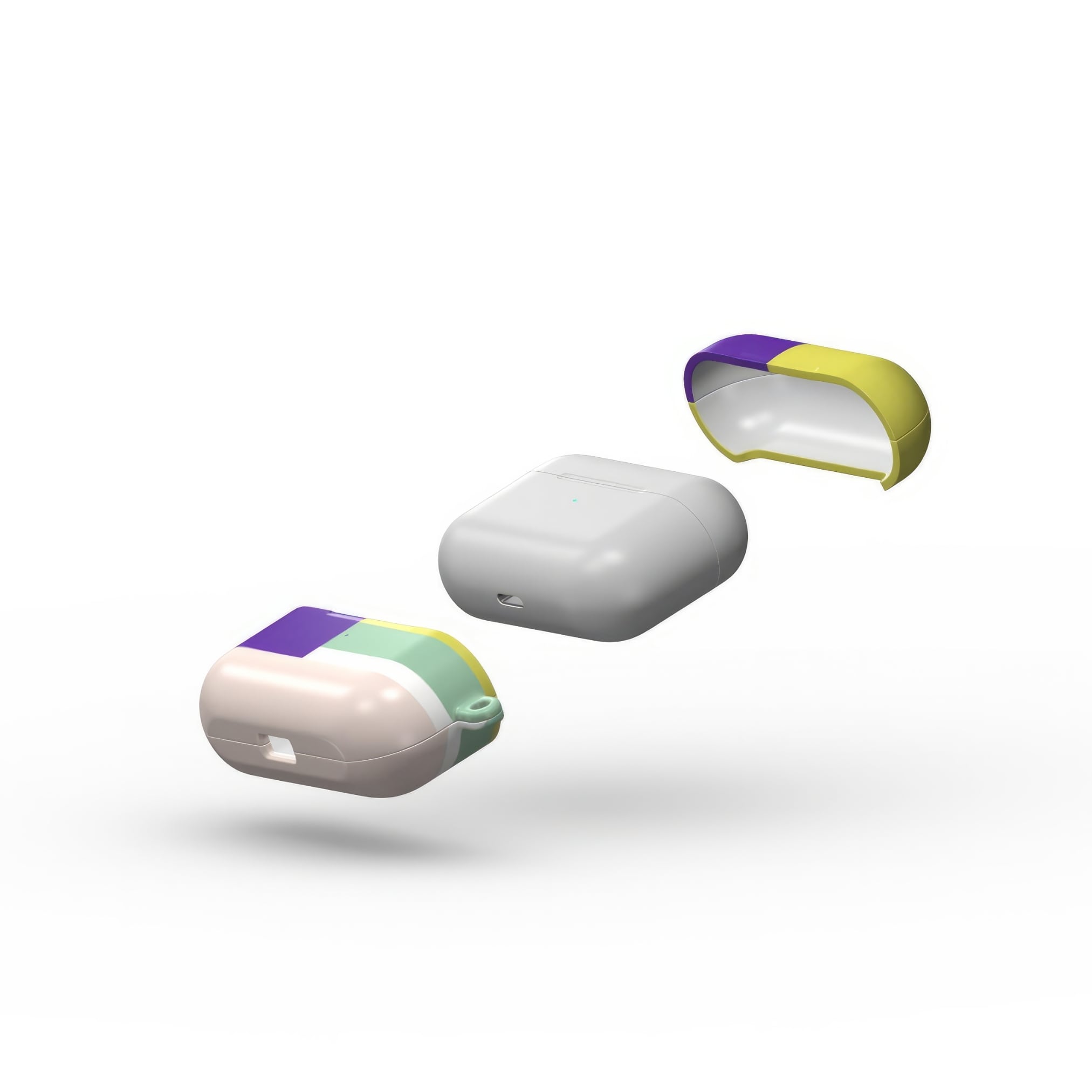 AirPods Pro tough case Retro Stripes Yellow pattern design with a bold color blocks in vintage, mid century modern style, featuring an elegant and expressive aesthetic design. Main colors are mustard yellow, purple and light pink. Extend view.