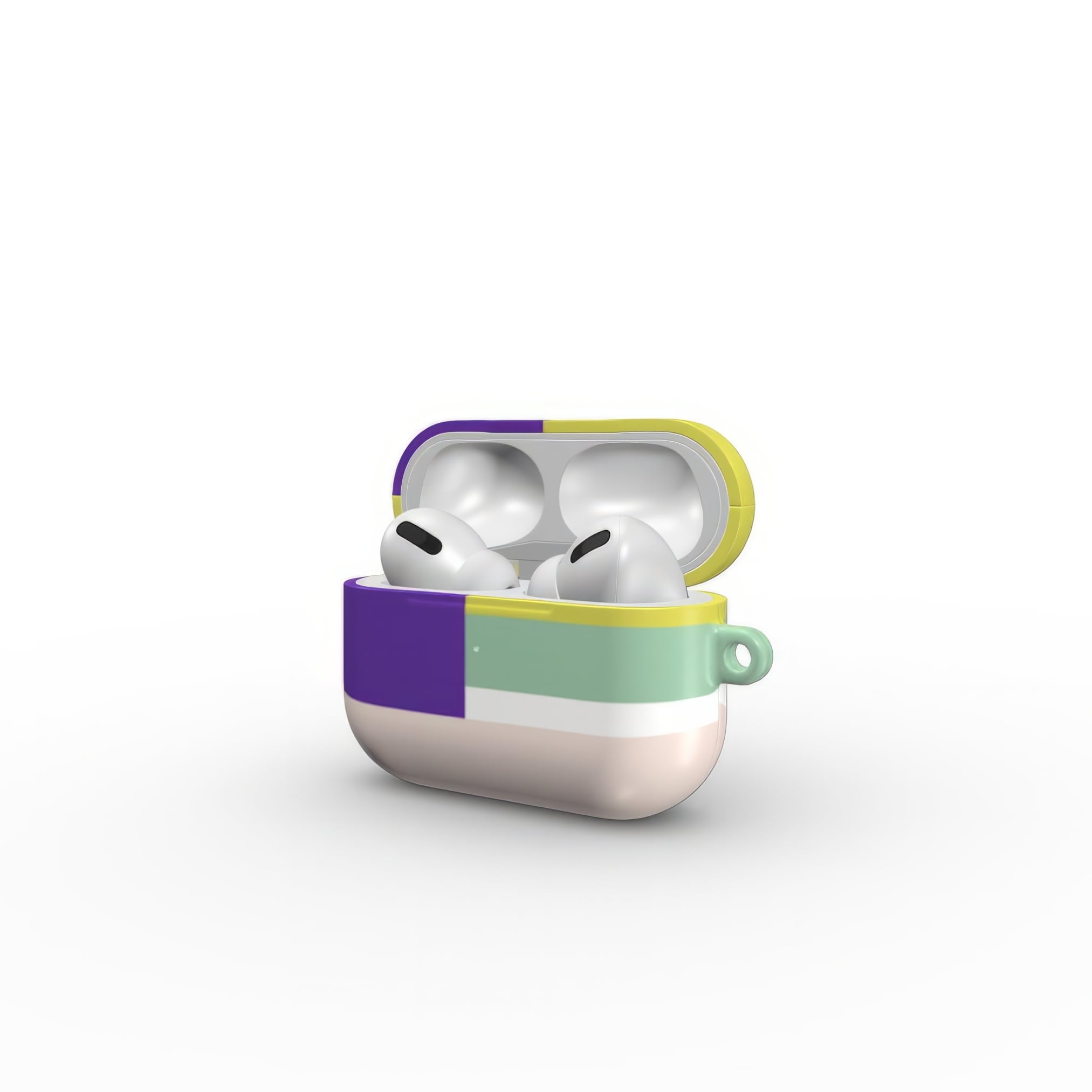 AirPods Pro tough case Retro Stripes Yellow pattern design with a bold color blocks in vintage, mid century modern style, featuring an elegant and expressive aesthetic design. Main colors are mustard yellow, purple and light pink. Side open view.