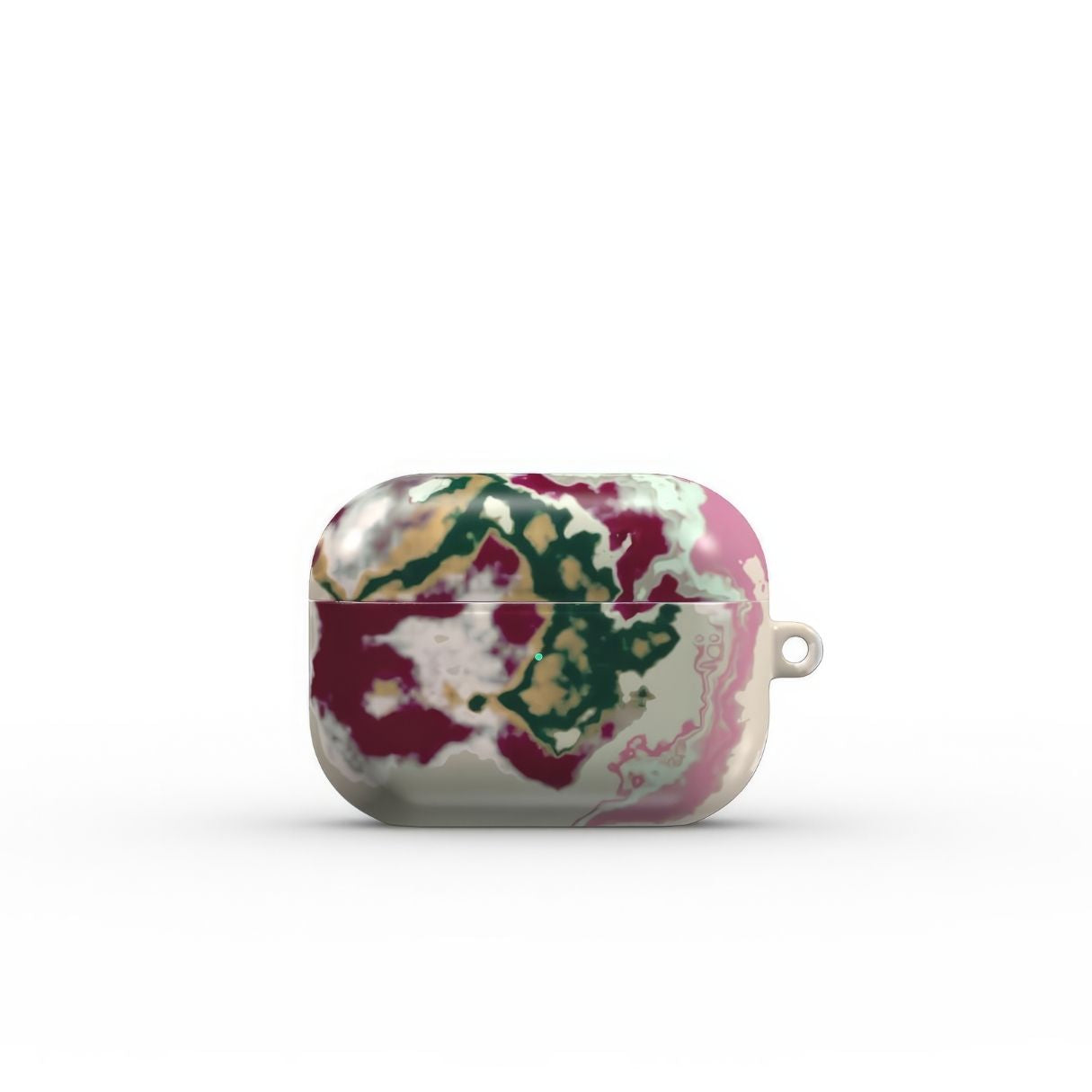 AirPods Pro case with Sandscape Dream Burgundy pattern in artistic, abstract shape. Beige, green and bordeaux color combination. Bold expressive aesthetic design. Colorful and interior fit. Elegant. Front view.