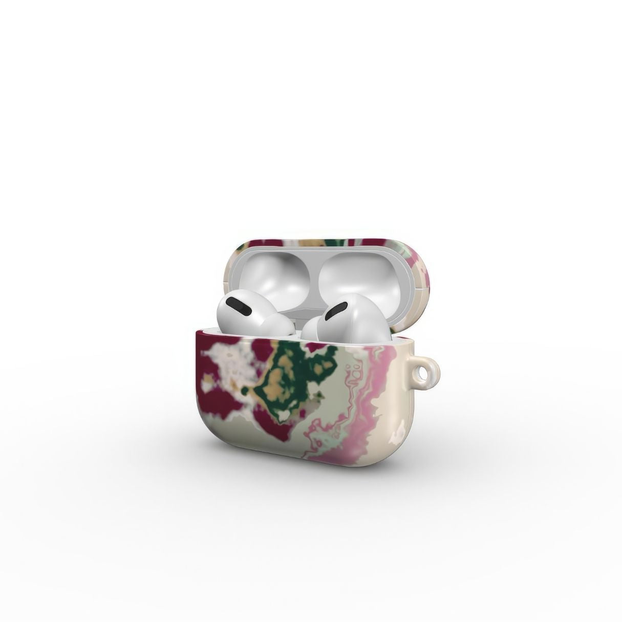 AirPods Pro case with Sandscape Dream Burgundy pattern in artistic, abstract shape. Beige, green and bordeaux color combination. Bold expressive aesthetic design. Colorful and interior fit. Elegant. Side view.