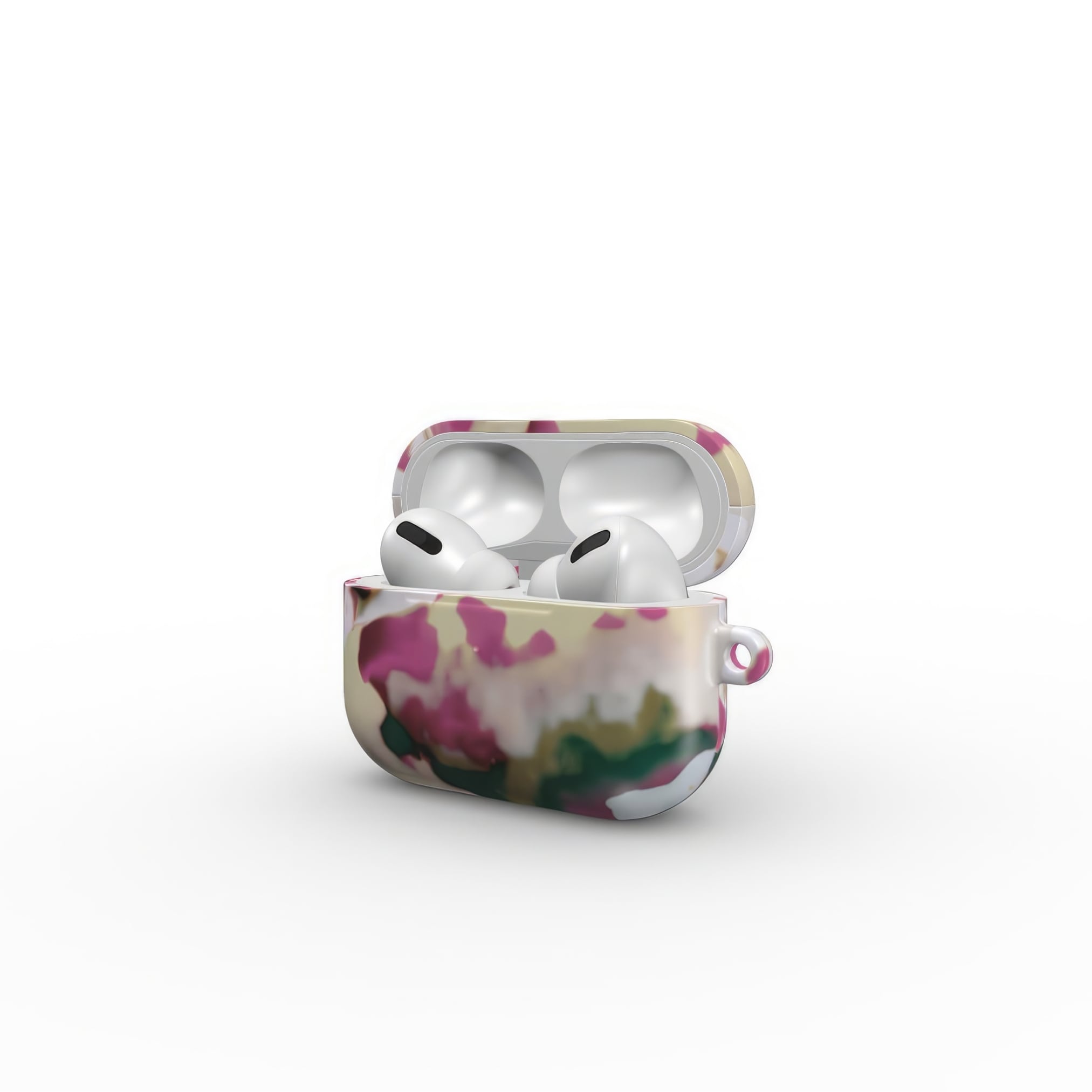 AirPods Pro tough case open side view; Sandscape Dream pattern, artistic, abstract marble pattern. Beige and purple color combination. 