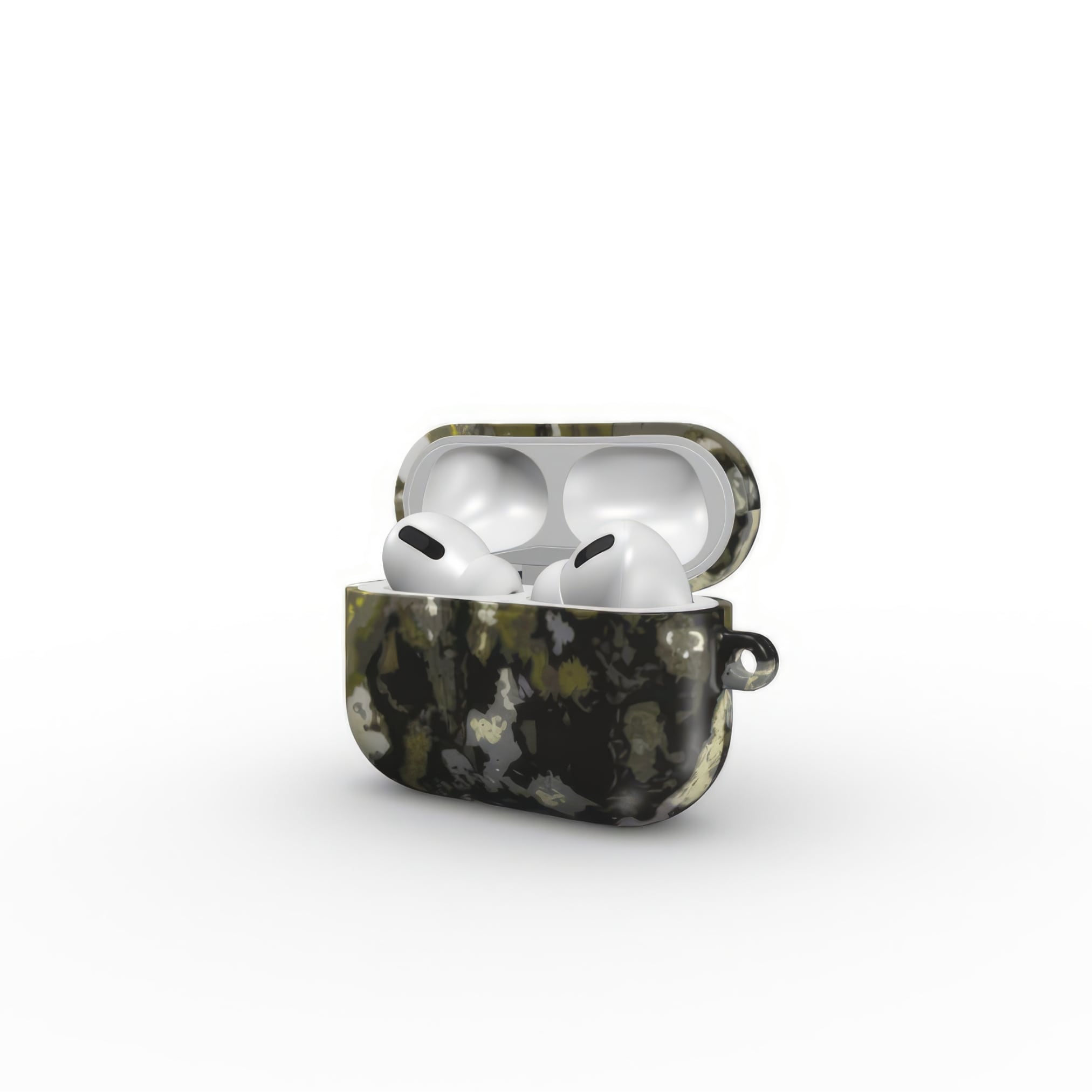 AirPods Pro tough case side open view; Spring Rain 1 pattern, artistic, abstract marble pattern. Yellow, black and grey color combination.