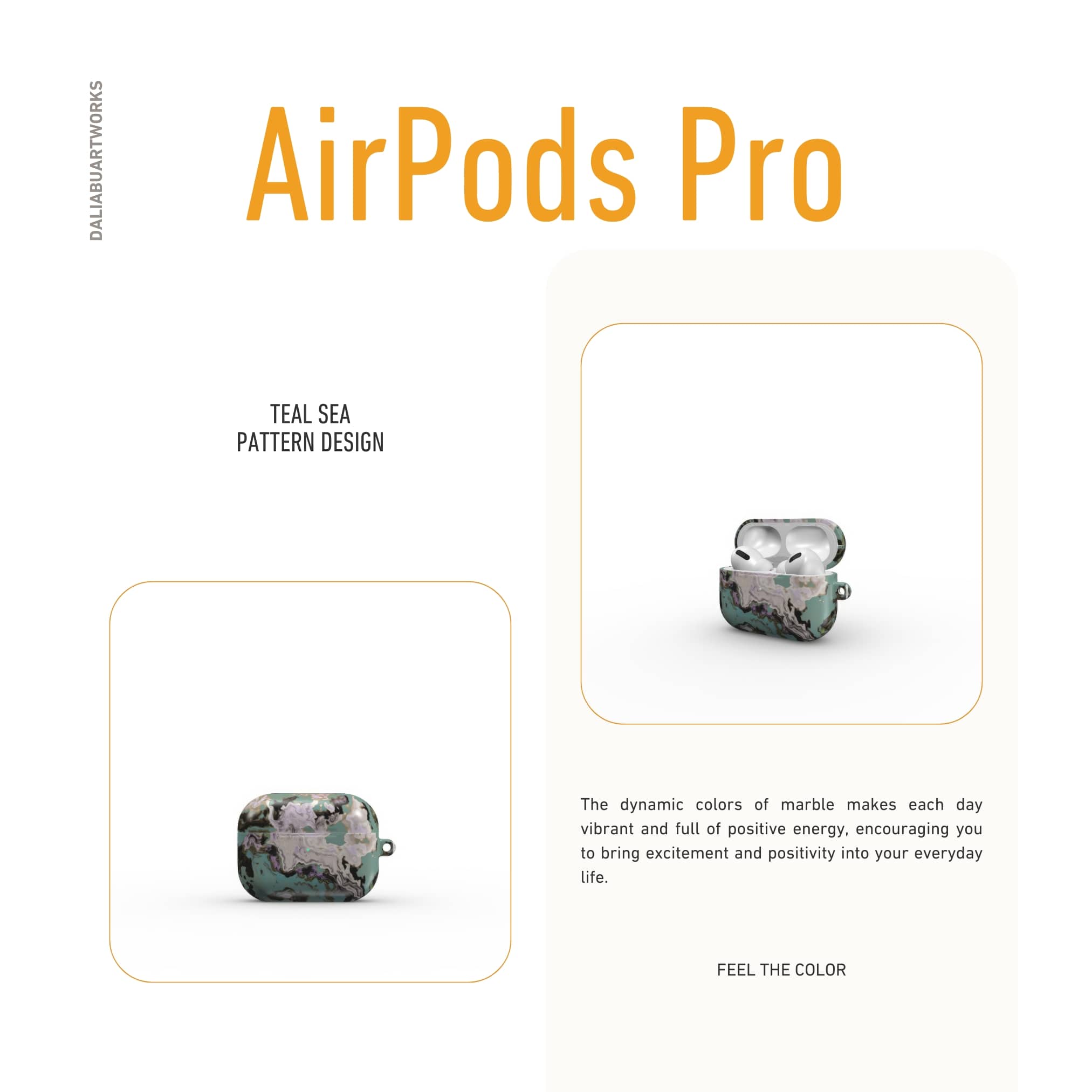 Apple AirPods Pro tough case with a bold vivid pattern in marble abstract and artistic style, featuring an elegant and expressive aesthetic design. Main colors are teal blue and light lilac. Description.