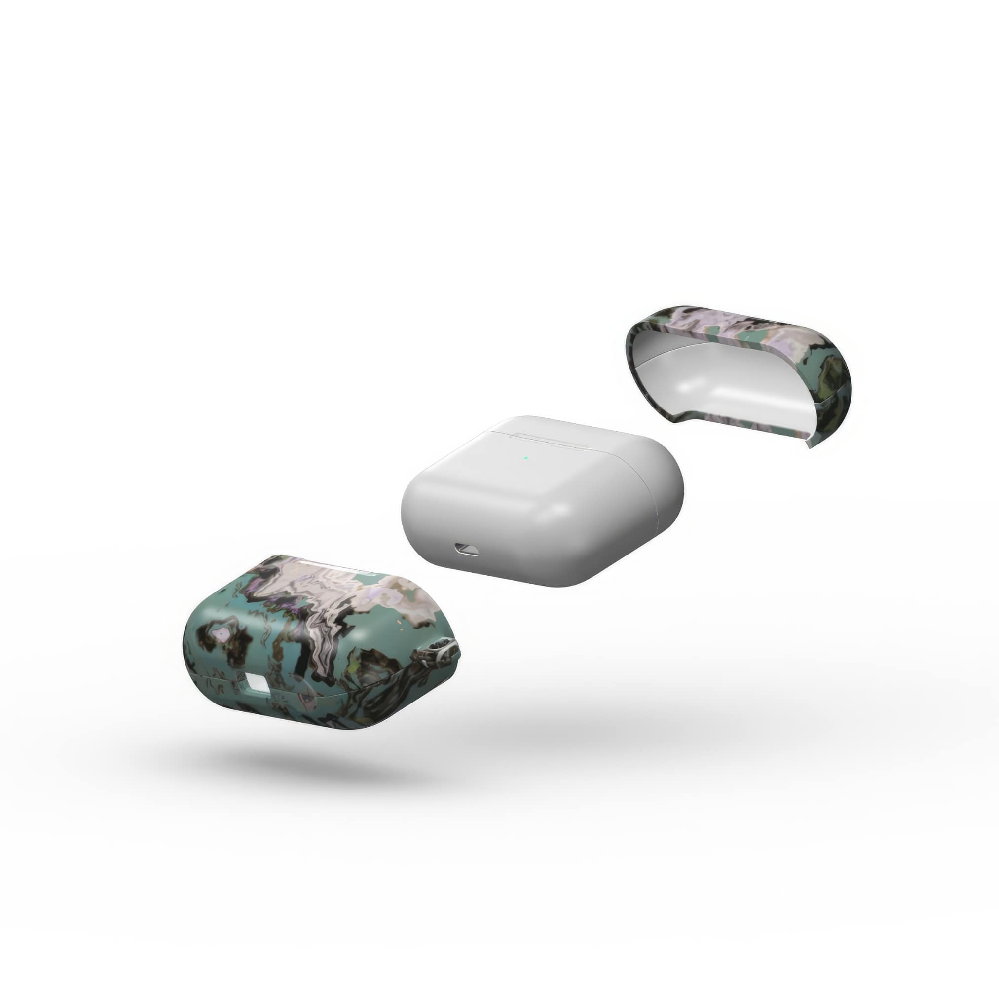 Apple AirPods Pro tough case with a bold vivid pattern in marble abstract and artistic style, featuring an elegant and expressive aesthetic design. Main colors are teal blue and light lilac. Extend view.