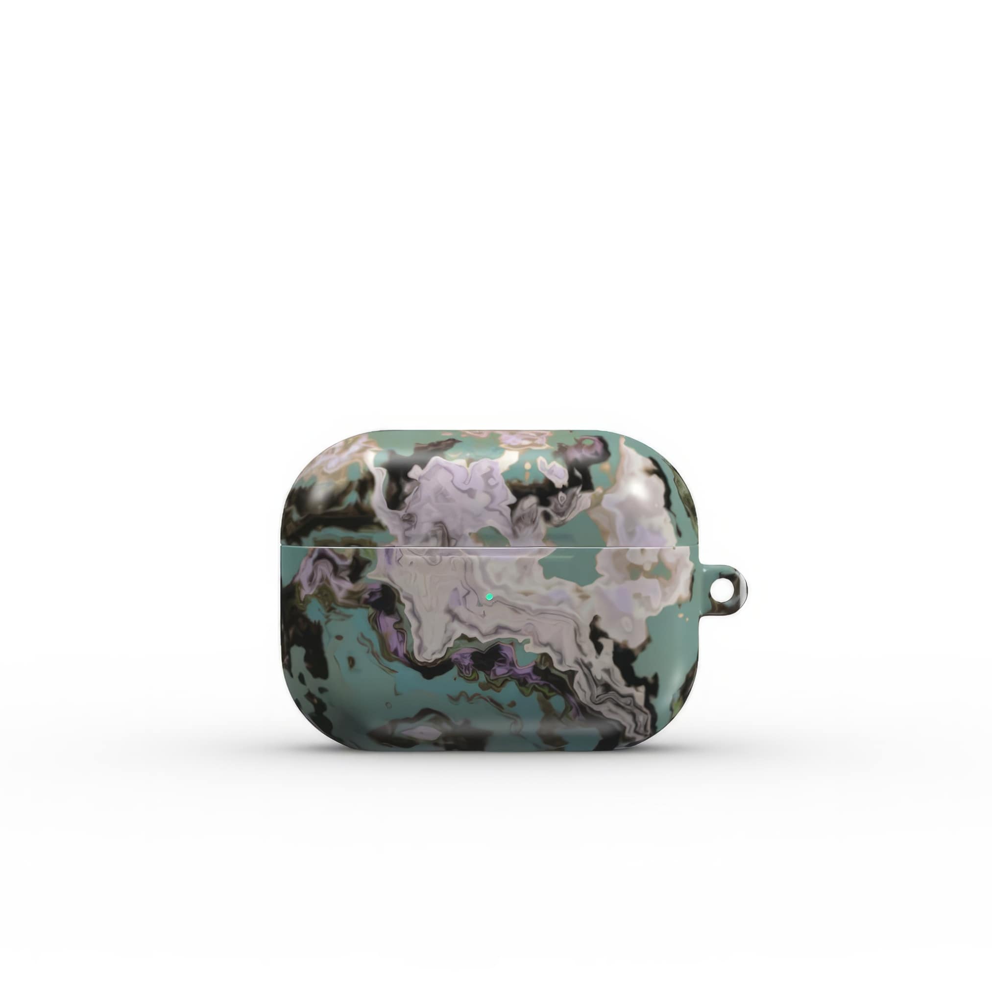 Apple AirPods Pro tough case with a bold vivid pattern in marble abstract and artistic style, featuring an elegant and expressive aesthetic design. Main colors are teal blue and light lilac. Front view.