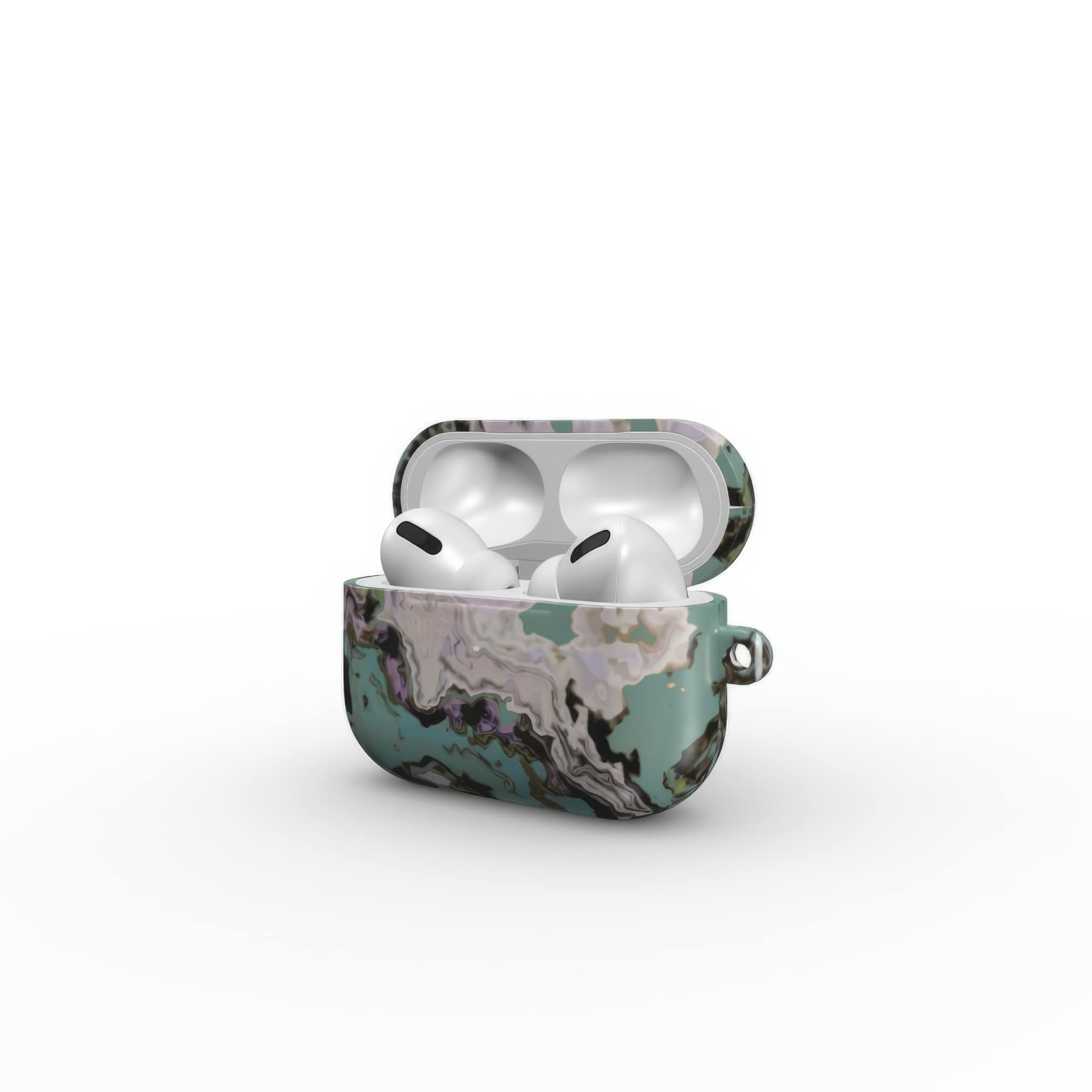 Apple AirPods Pro tough case with a bold vivid pattern in marble abstract and artistic style, featuring an elegant and expressive aesthetic design. Main colors are teal blue and light lilac. Side open view.