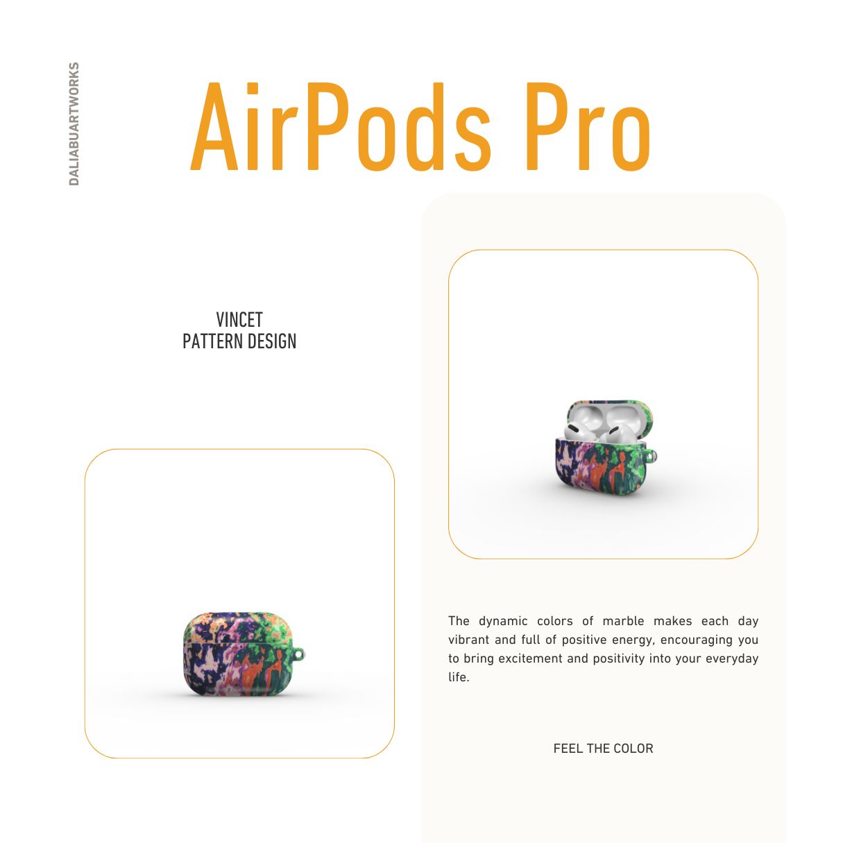 Ultra thin AirPods Pro case with a bold vivid pattern Vincet in marble abstract and artistic style, featuring an elegant and expressive aesthetic design. Main colors are purple, orange and green. Description.