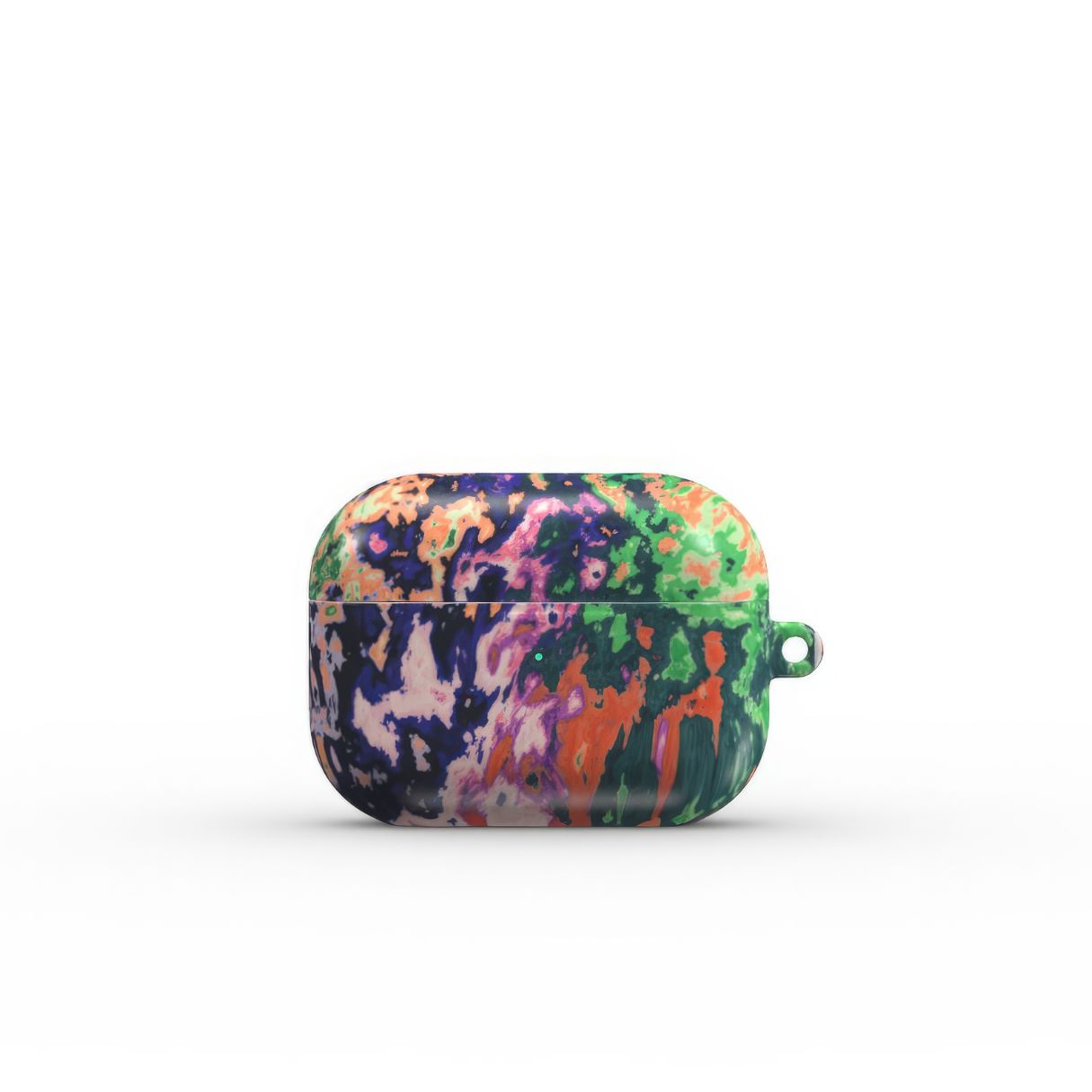 Ultra thin AirPods Pro case with a bold vivid pattern Vincet in marble abstract and artistic style, featuring an elegant and expressive aesthetic design. Main colors are purple, orange and green. Front view. 