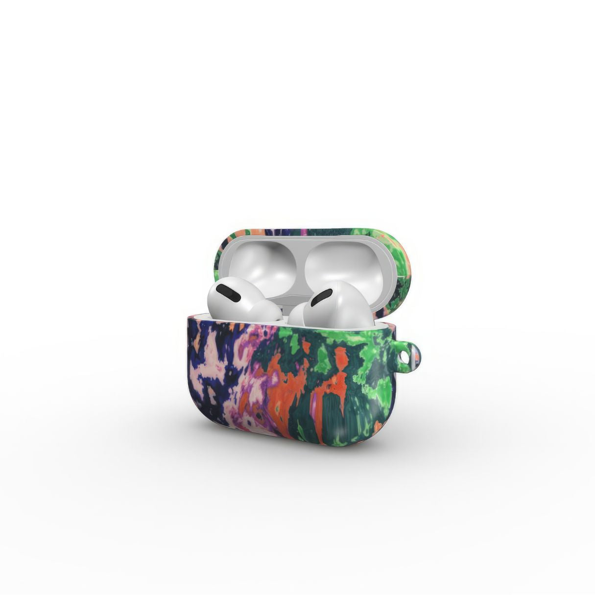 Ultra thin AirPods Pro case with a bold vivid pattern Vincet in marble abstract and artistic style, featuring an elegant and expressive aesthetic design. Main colors are purple, orange and green. Open view. 