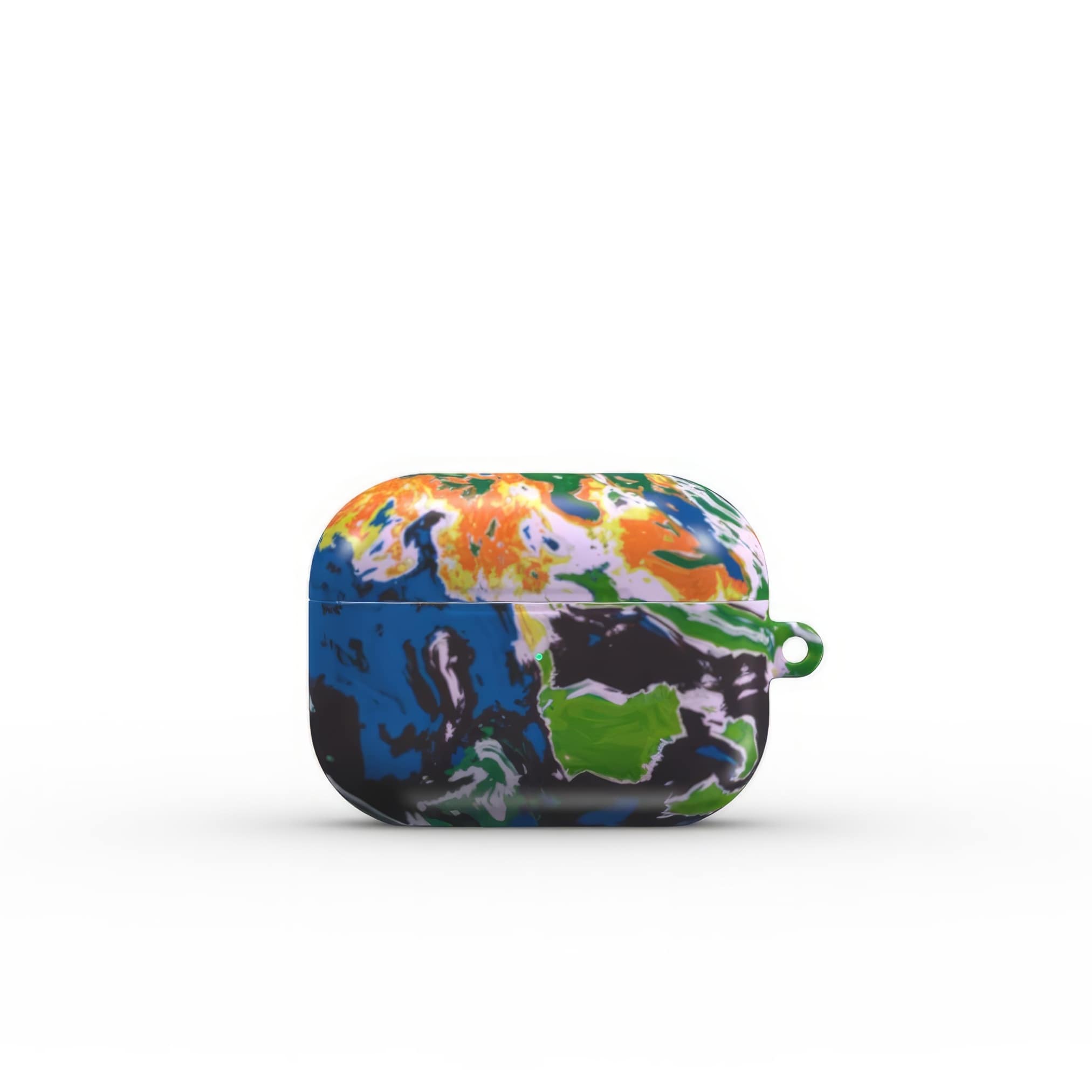 AirPods Pro case with a bold vivid pattern in marble abstract and artistic style, featuring an elegant and expressive aesthetic design. Main colors are blue, green and yellow with slight orange. Front view.
