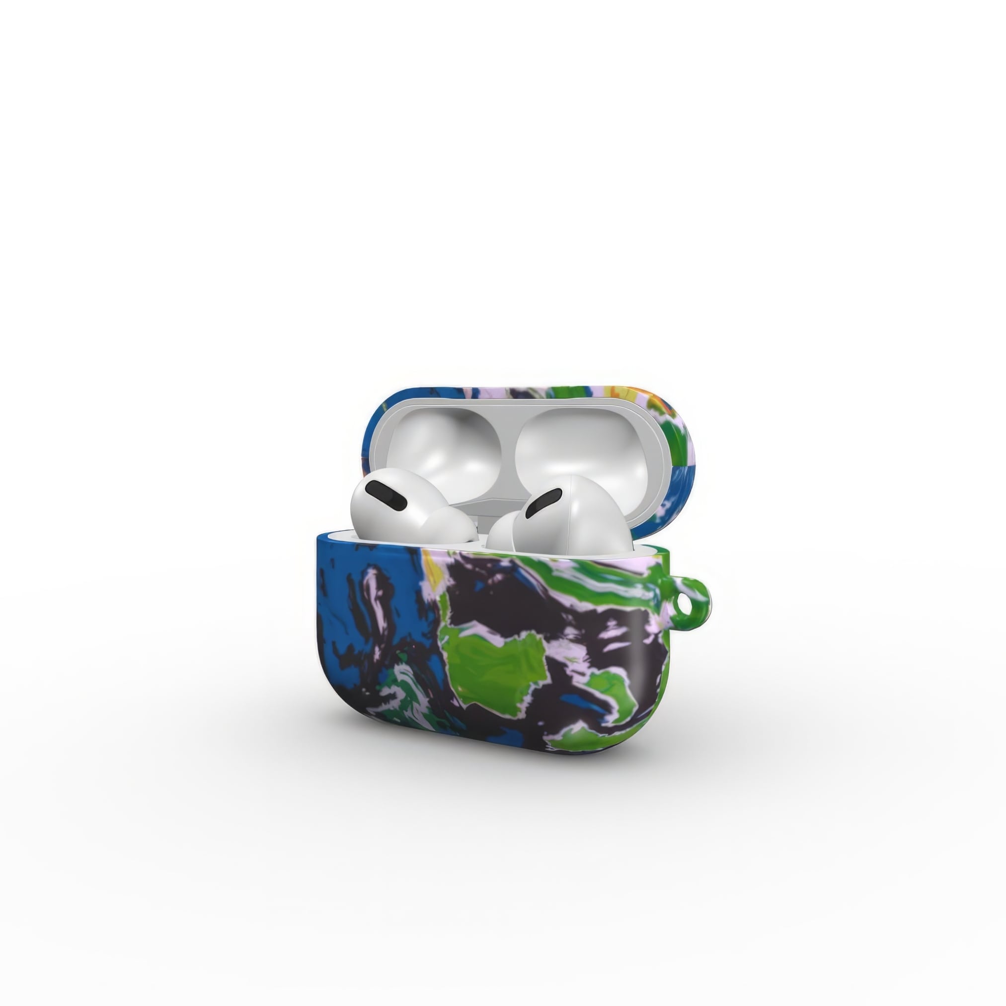 AirPods Pro case with a bold vivid pattern in marble abstract and artistic style, featuring an elegant and expressive aesthetic design. Main colors are blue, green and yellow with slight orange. Open side view.