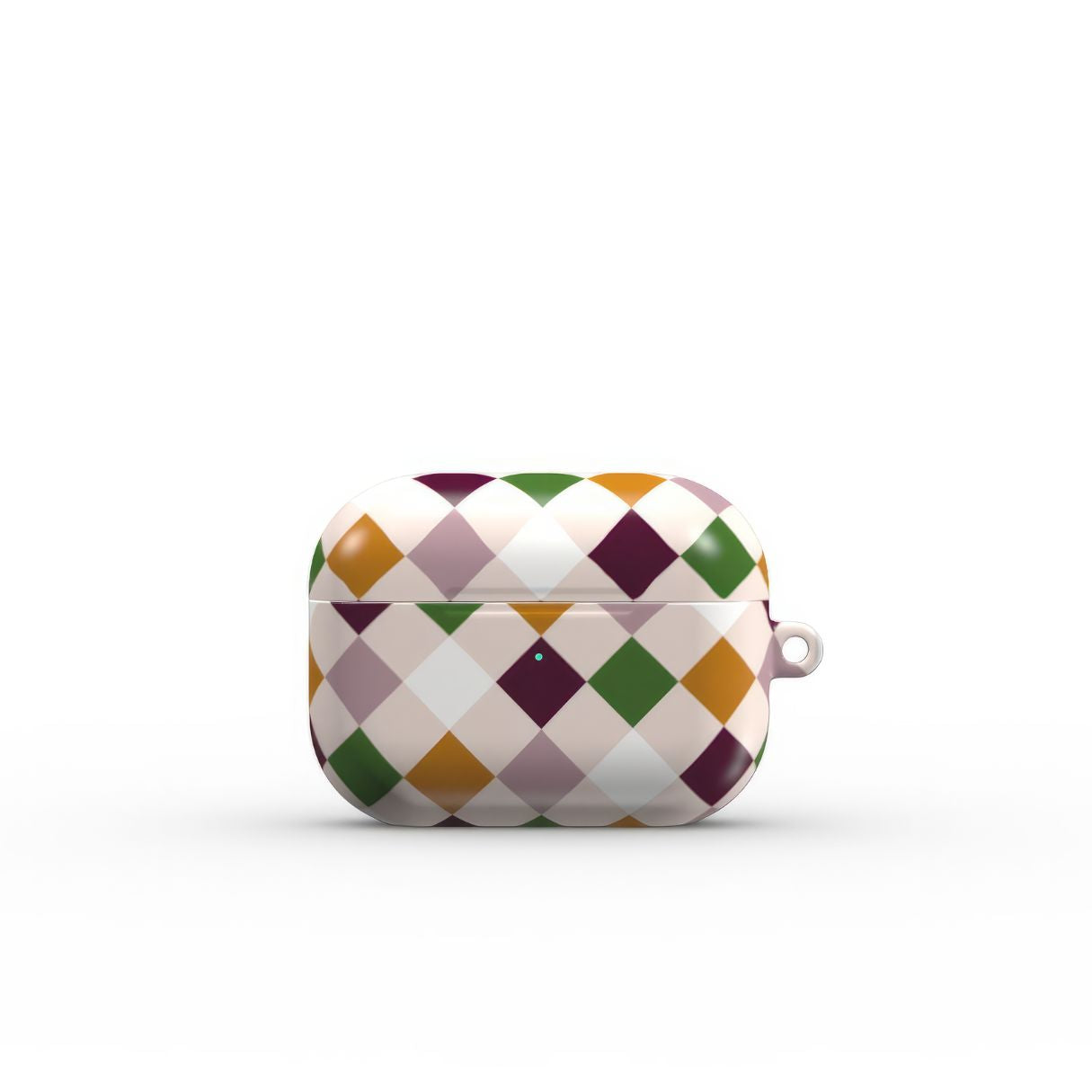 AirPods Pro hard shell ultra thin case Wonder Chess pattern design with a dynamic geometric symmetry in chess style, featuring an elegant and expressive aesthetic design. Main colors are sugar brown, green, deep cherry and pink. Side closed view.