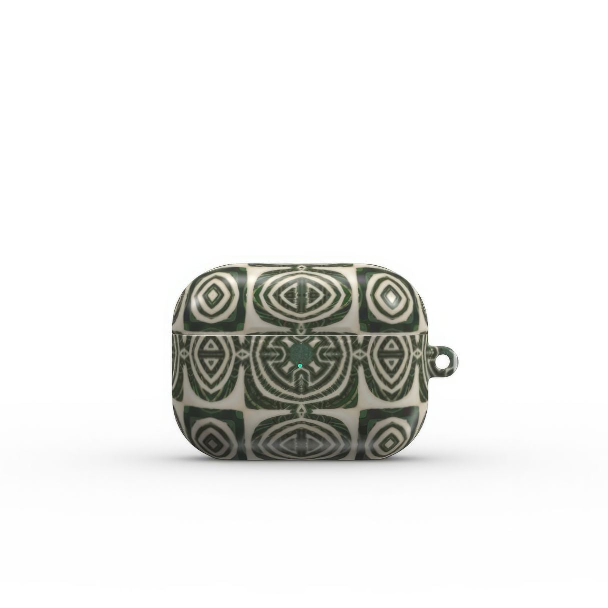 AirPods Pro case front view; Wooden Snake 2 pattern, ornamental pattern; kaleidoscope pattern imagination. Green color. Bold expressive aesthetic design. Colorful and interior fit. Elegant.