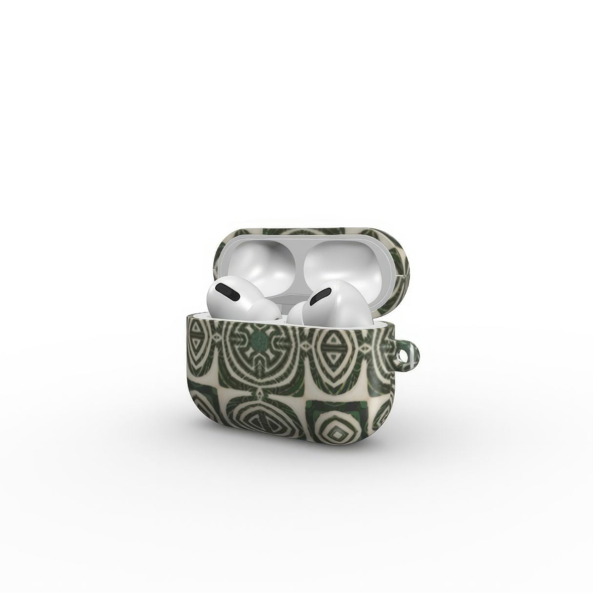 AirPods Pro case side open view; Wooden Snake 2 pattern, ornamental pattern; kaleidoscope pattern imagination. Green color.