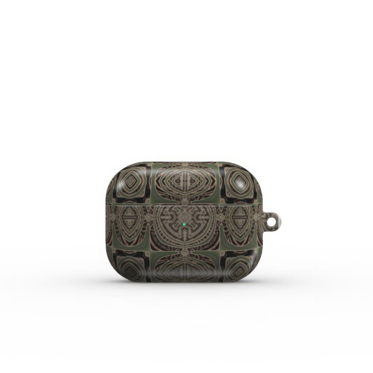 AirPods Pro case front view; Wooden Snake 3 pattern, ornamental pattern; kaleidoscope pattern imagination. Green color. Bold expressive aesthetic design. Colorful and interior fit. Elegant.