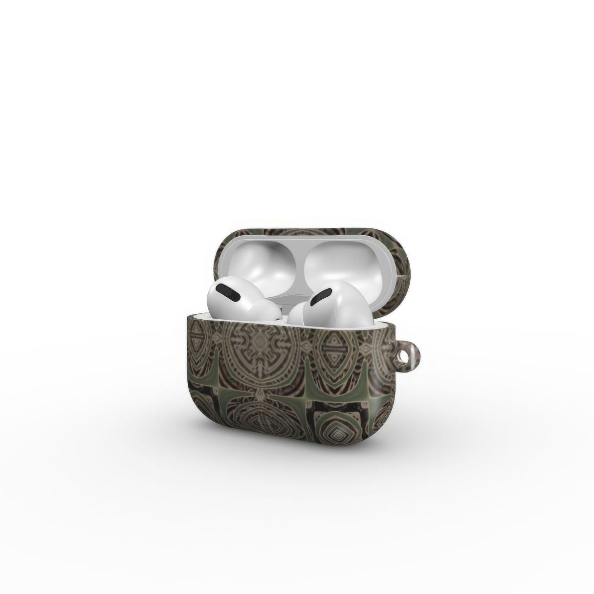 AirPods Pro case side open view; Wooden Snake 3 pattern, ornamental pattern; kaleidoscope pattern imagination. Green color.
