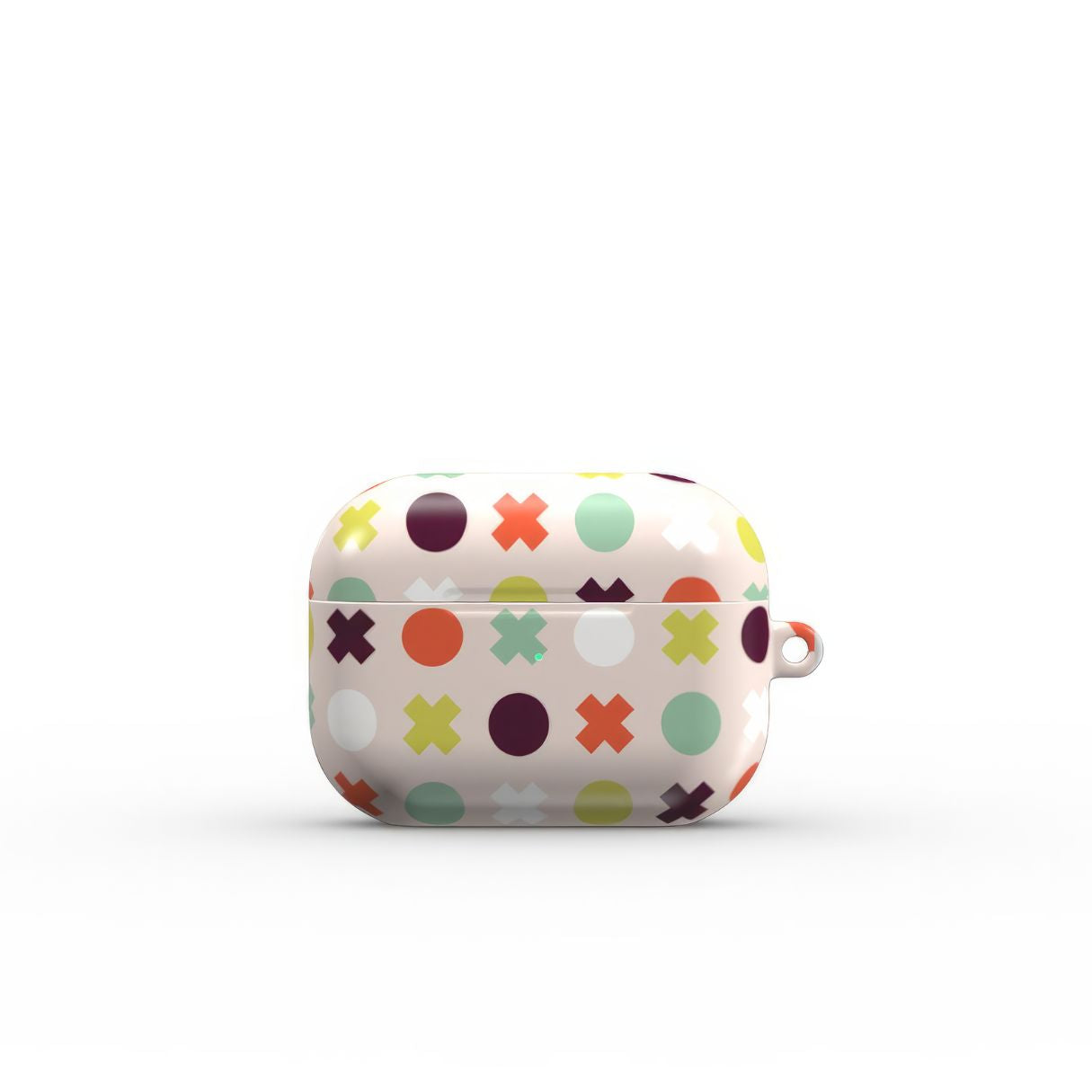 AirPods Pro tough hard shell case XOXO pattern design with a circles and cross modern style, featuring an elegant and expressive aesthetic design. Main colors are orange red, purple, yellow and mint. Front view.