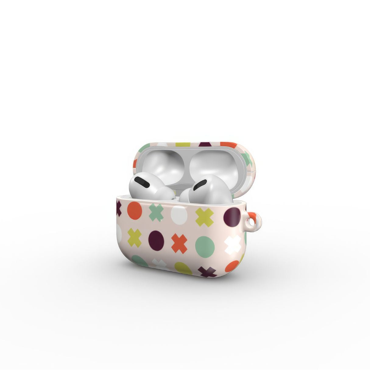 AirPods Pro tough hard shell case XOXO pattern design with a circles and cross modern style, featuring an elegant and expressive aesthetic design. Main colors are orange red, purple, yellow and mint. Open side view.