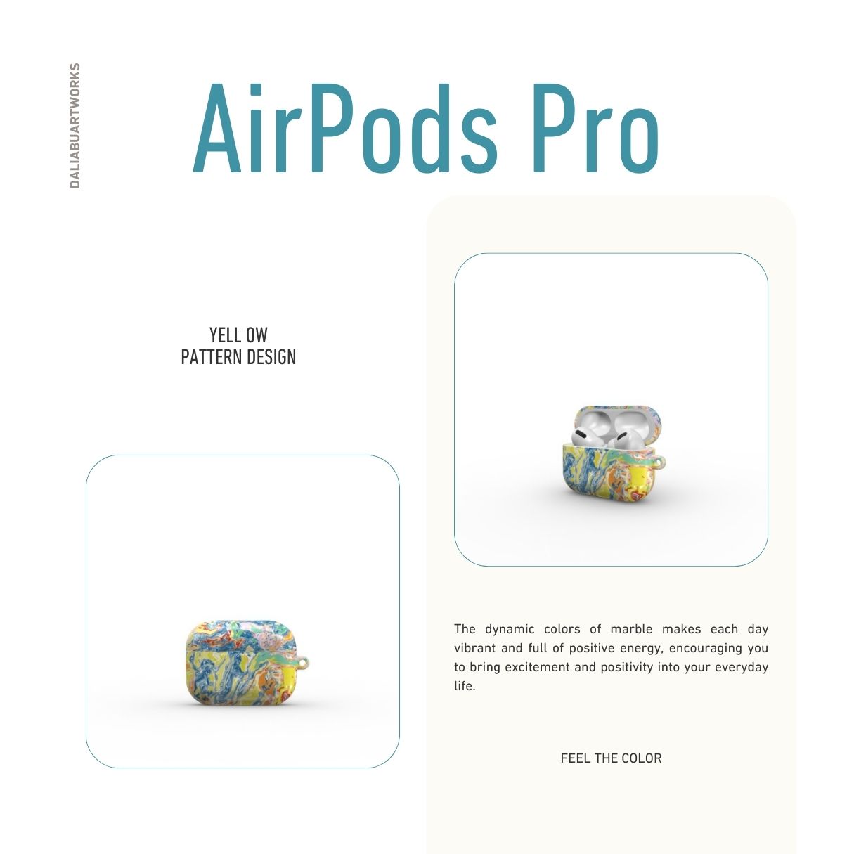 AirPods Pro case with a bold vivid pattern Yell Ow abstract and artistic style, featuring an elegant and expressive aesthetic design. Main colors are yellow and blue. Description.