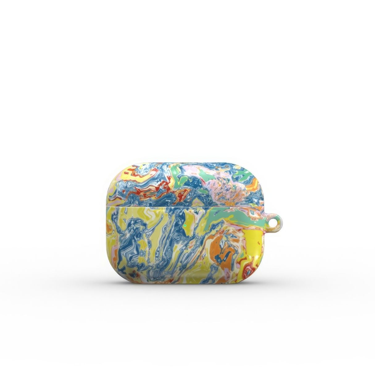 AirPods Pro case with a bold vivid pattern Yell Ow abstract and artistic style, featuring an elegant and expressive aesthetic design. Main colors are yellow and blue. Front view.