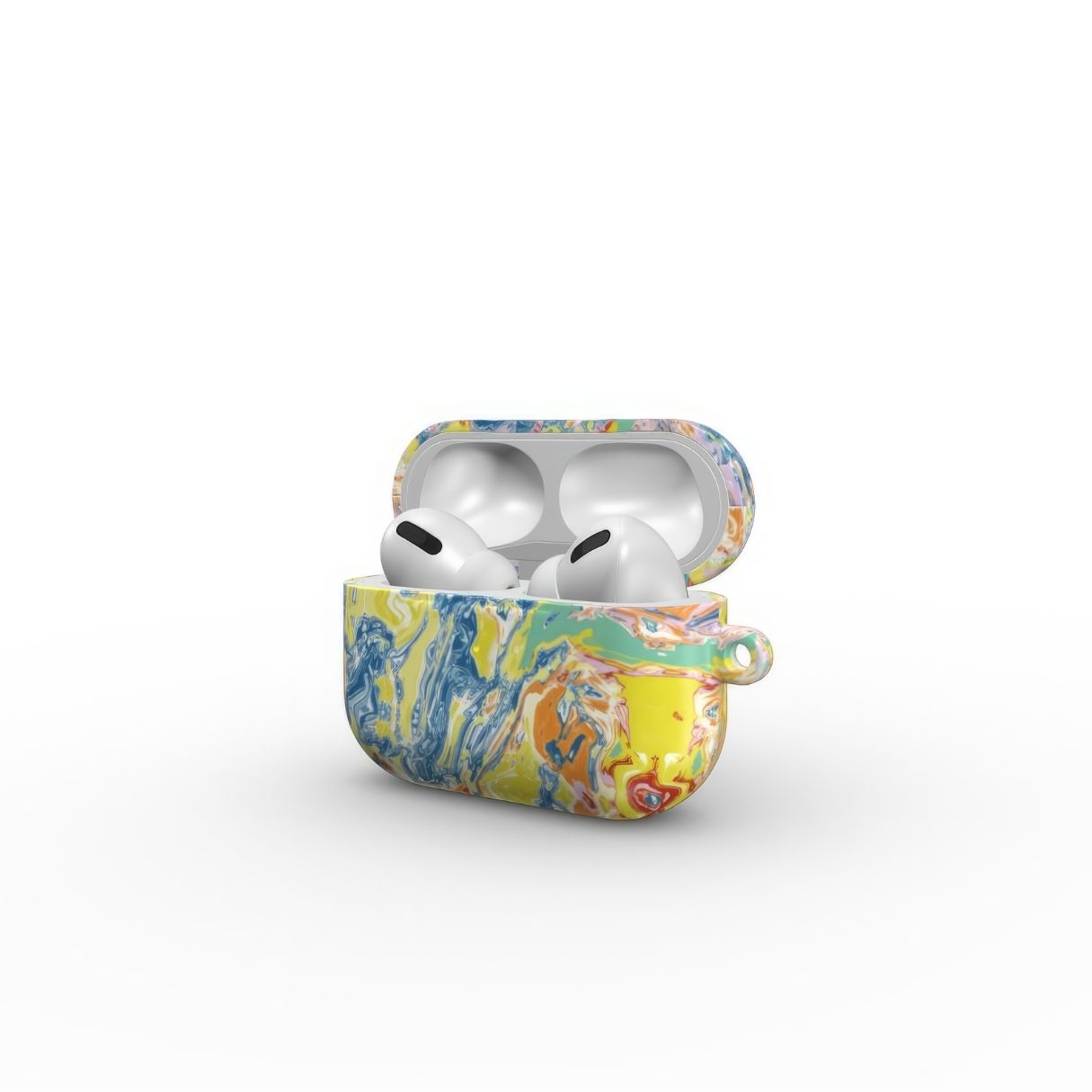 AirPods Pro case with a bold vivid pattern Yell Ow abstract and artistic style, featuring an elegant and expressive aesthetic design. Main colors are yellow and blue. Side view.