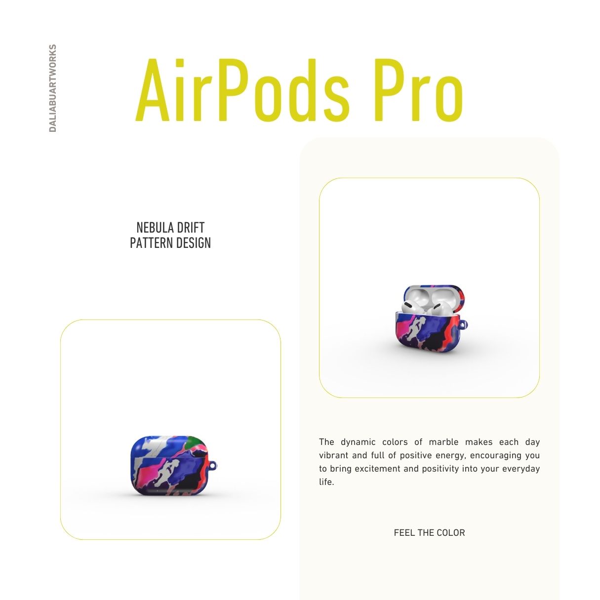 AirPods Pro tough case front view; Nebula Drift pattern, artistic, abstract marble pattern. Blue and purple color combination. Bold expressive aesthetic design. Colorful and interior fit. Elegant.