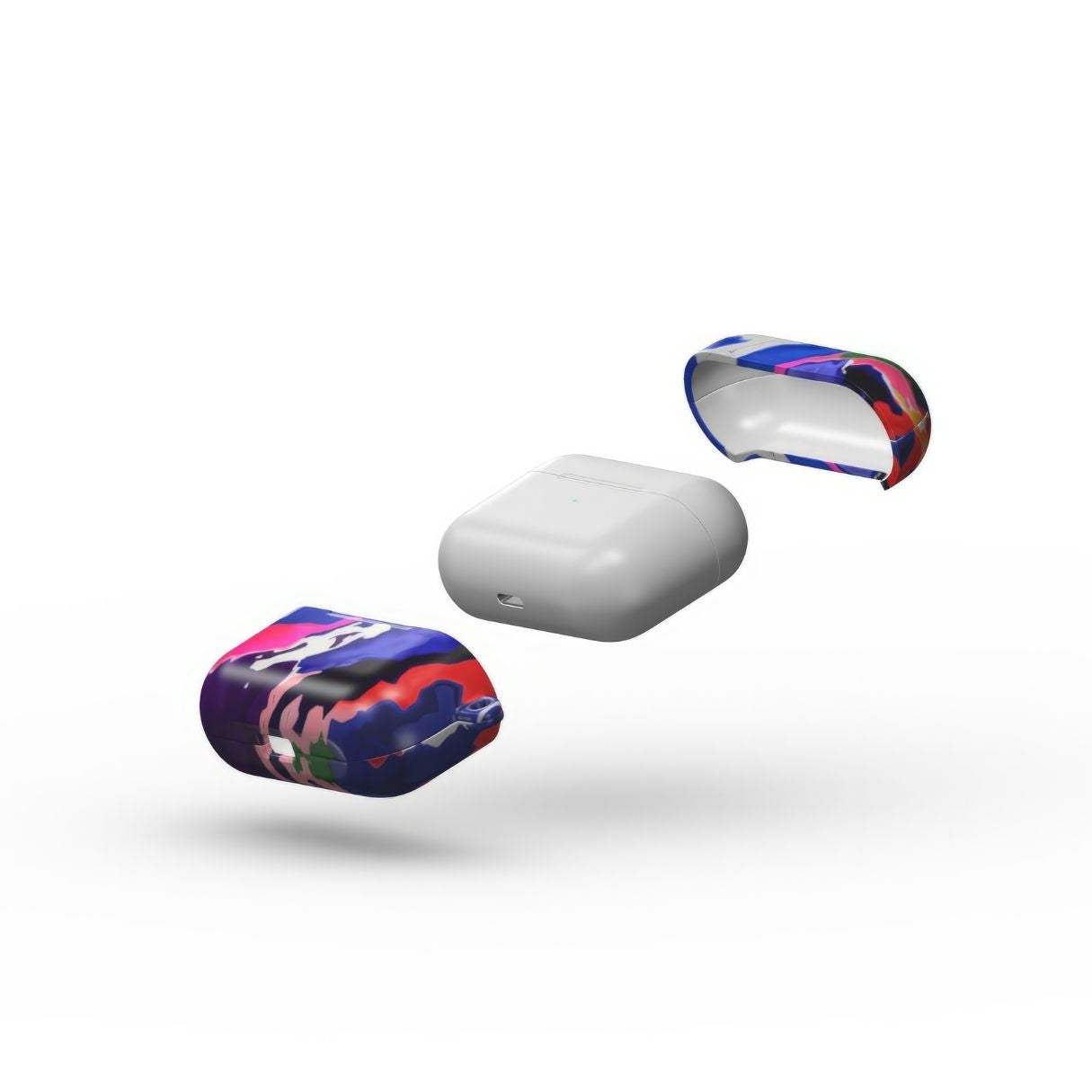 AirPods Pro tough case extend view; Nebula Drift pattern, artistic, abstract marble pattern. Blue and purple color combination. Bold expressive aesthetic design. Colorful and interior fit. Elegant.