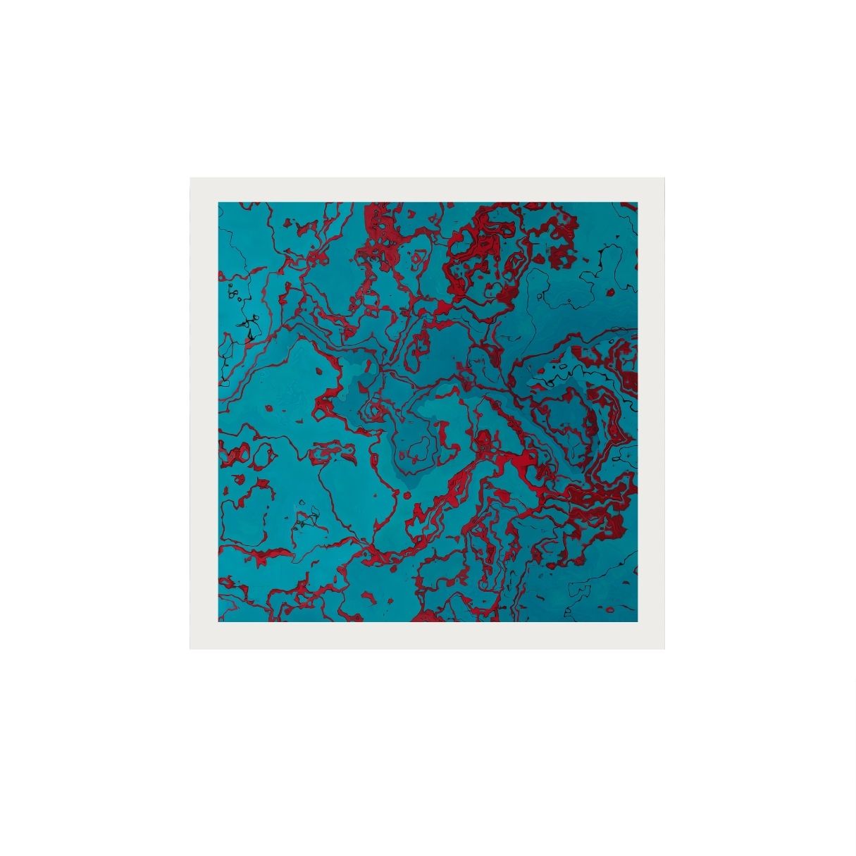 Abstract art print with blue and red patterns on a white background.