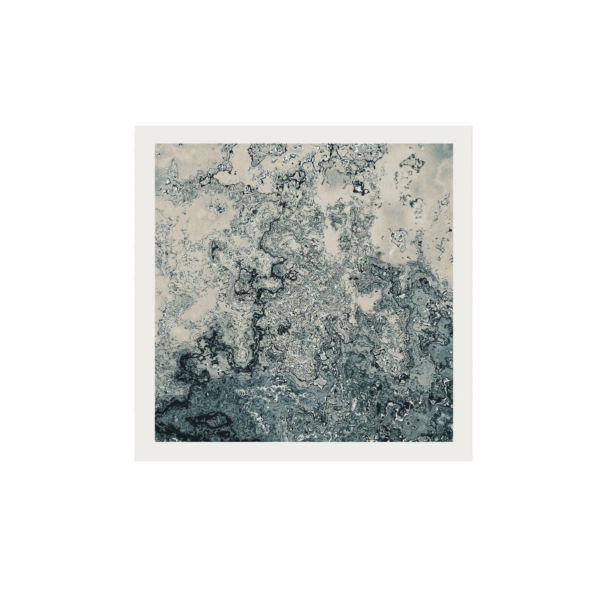 Abstract art print with blue and gray patterns on a white background.