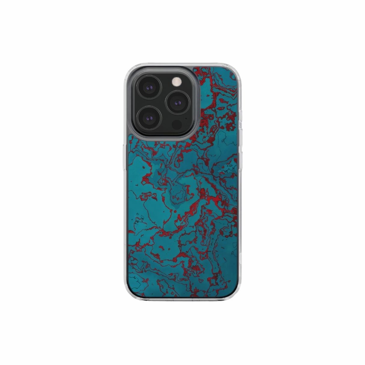 Clear phone case with vivid color pattern Arteries abstract and artistic style, featuring an elegant and expressive aesthetic design. Main colors are red, turquoise blue. Front view.