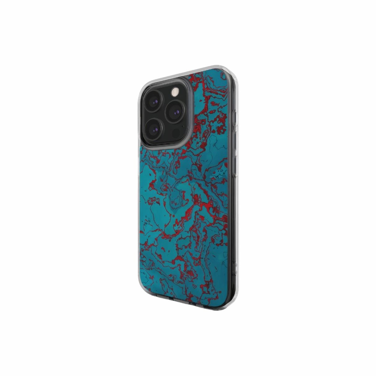 Clear phone case with vivid color pattern Arteries abstract and artistic style, featuring an elegant and expressive aesthetic design. Main colors are red, turquoise blue. Side view.