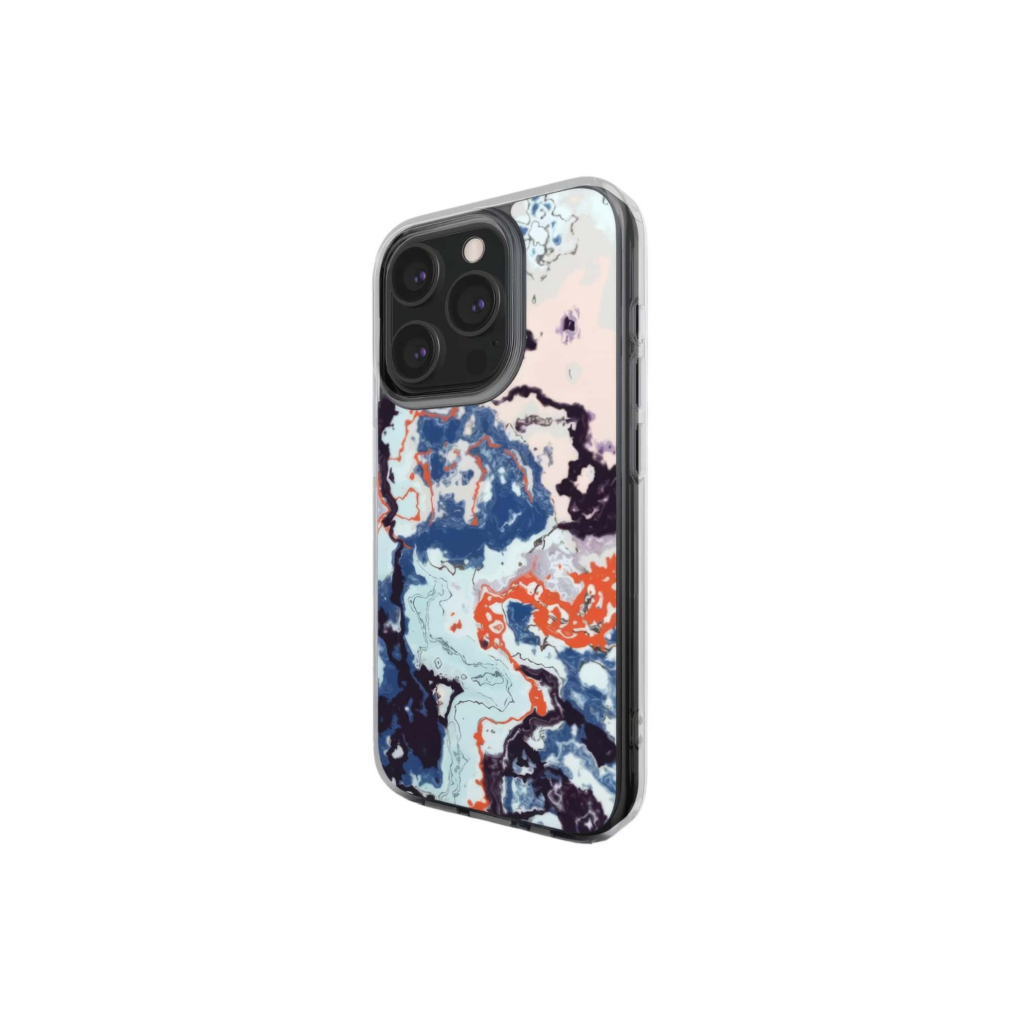 Clear phone case side view; Blue Marble 1 pattern, artistic, abstract marble pattern. Pink and blue color combination.