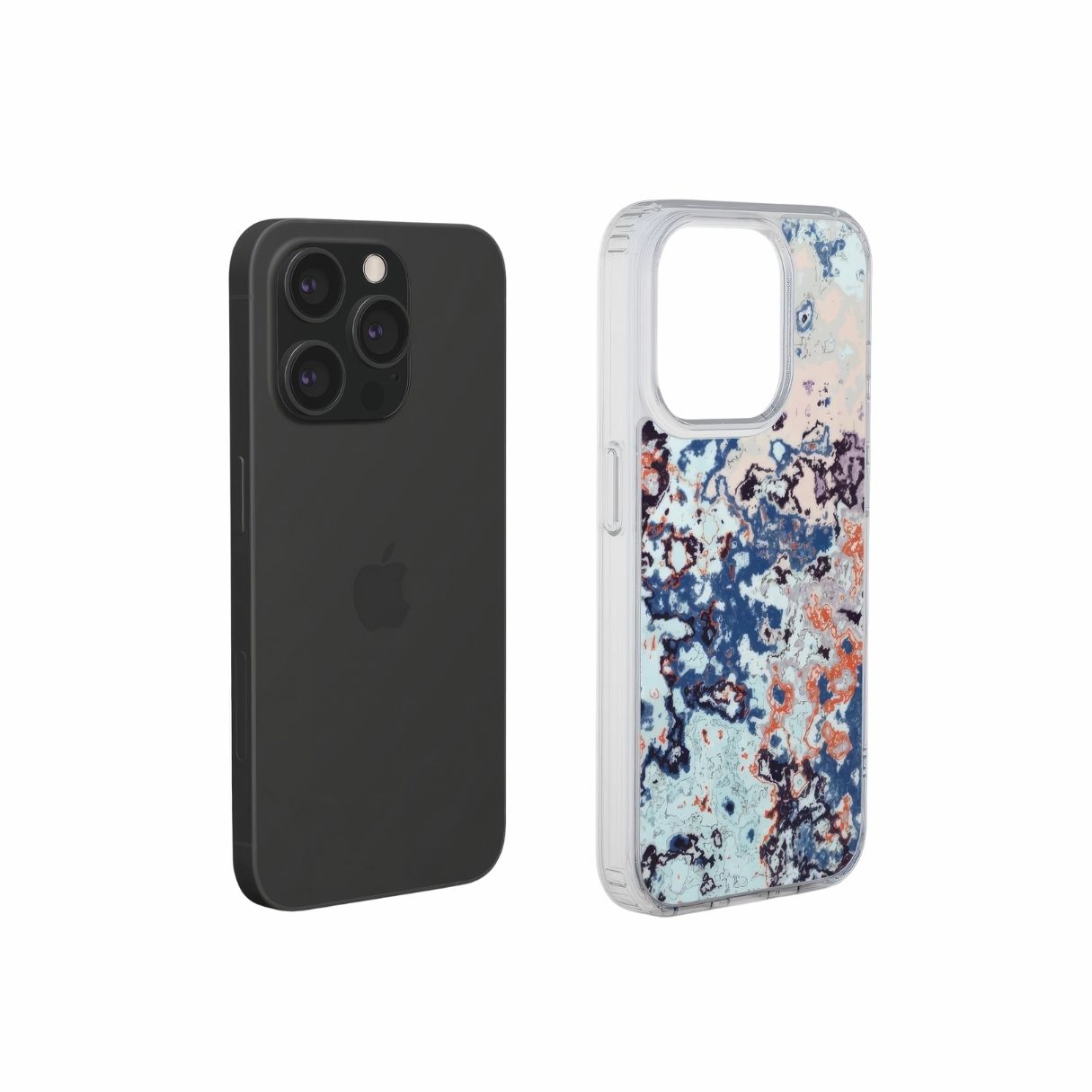 Clear phone case extend view; Blue Marble Mist pattern, artistic, abstract marble pattern. Blue and red color combination. Bold expressive aesthetic design. Colorful and interior fit. Elegant.