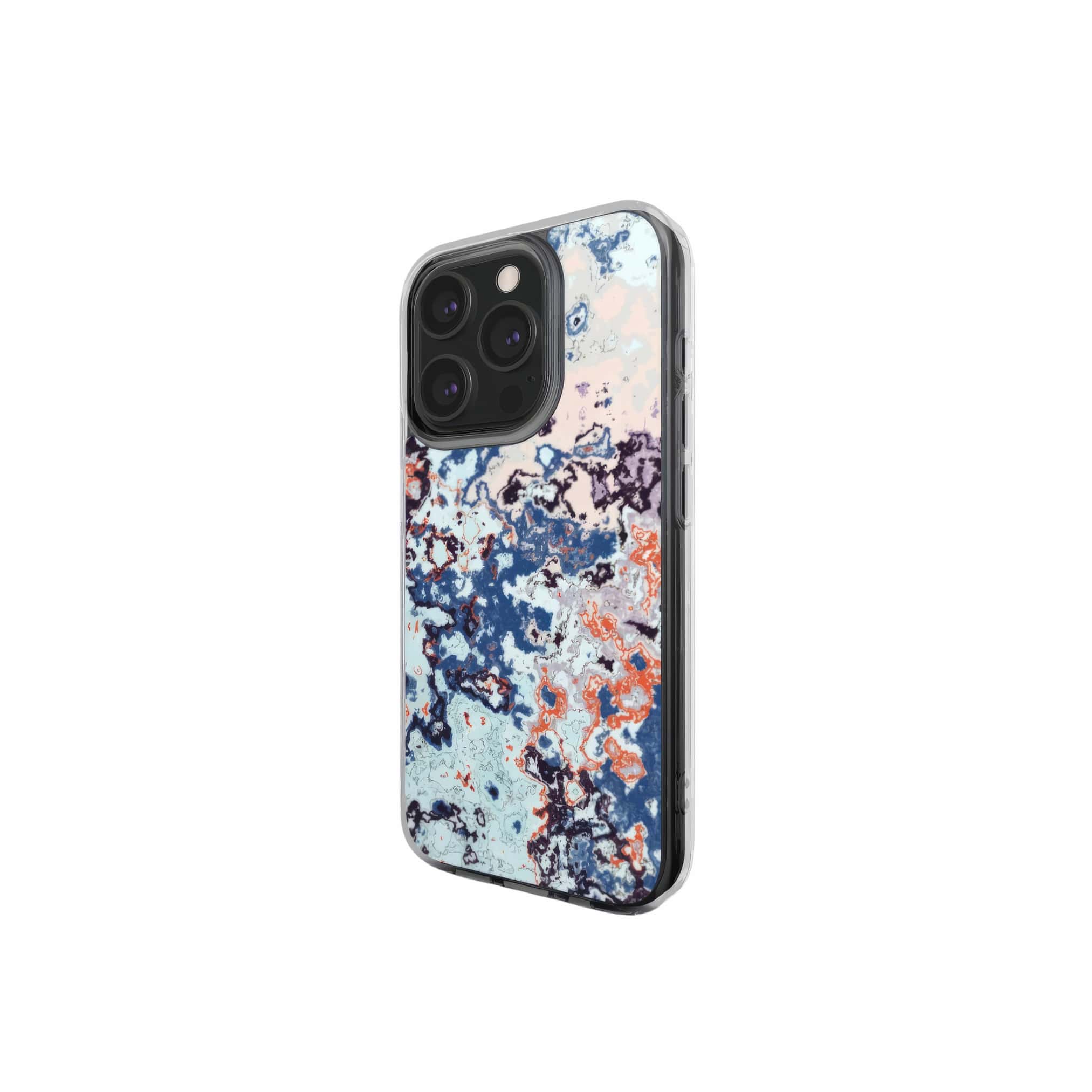 Clear phone case side view; Blue Marble Mist pattern, artistic, abstract marble pattern. Blue and red color combination.