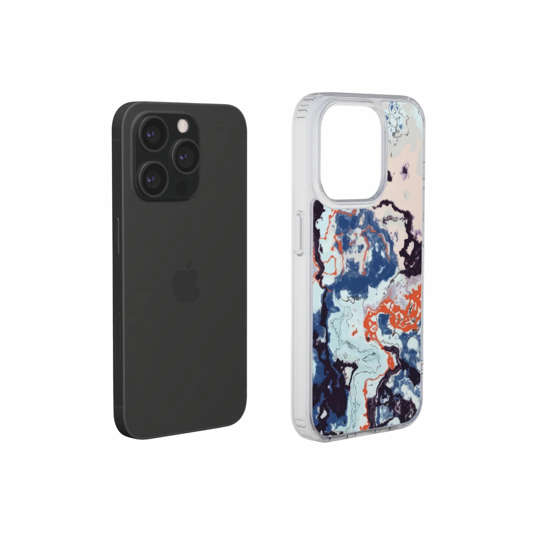 Clear phone case extend view; Blue Marble Veins pattern, artistic, abstract marble pattern. Pink and blue color combination.