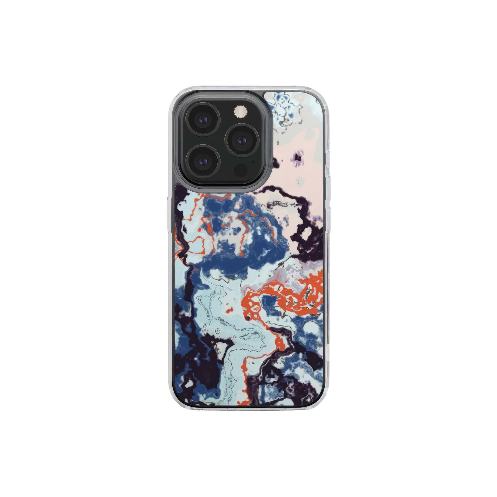 Clear phone case front view; Blue Marble Veins pattern, artistic, abstract marble pattern. Pink and blue color combination. Bold expressive aesthetic design. Colorful and interior fit. Elegant.