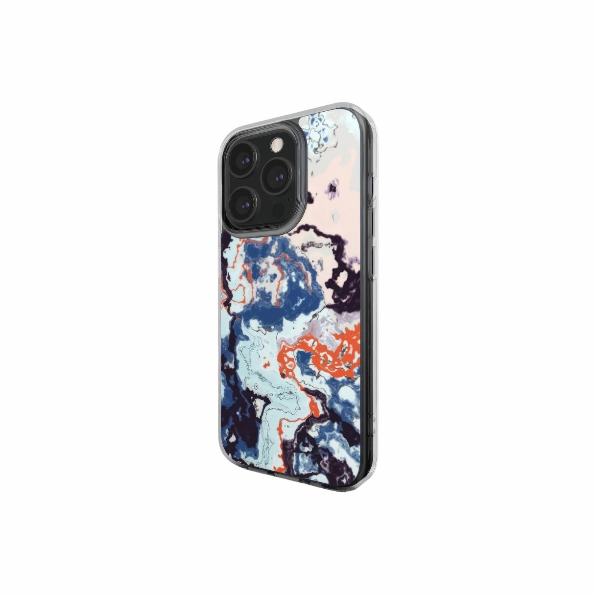 Clear phone case side view; Blue Marble Veins pattern, artistic, abstract marble pattern. Pink and blue color combination. Bold expressive aesthetic design. Colorful and interior fit. Elegant.