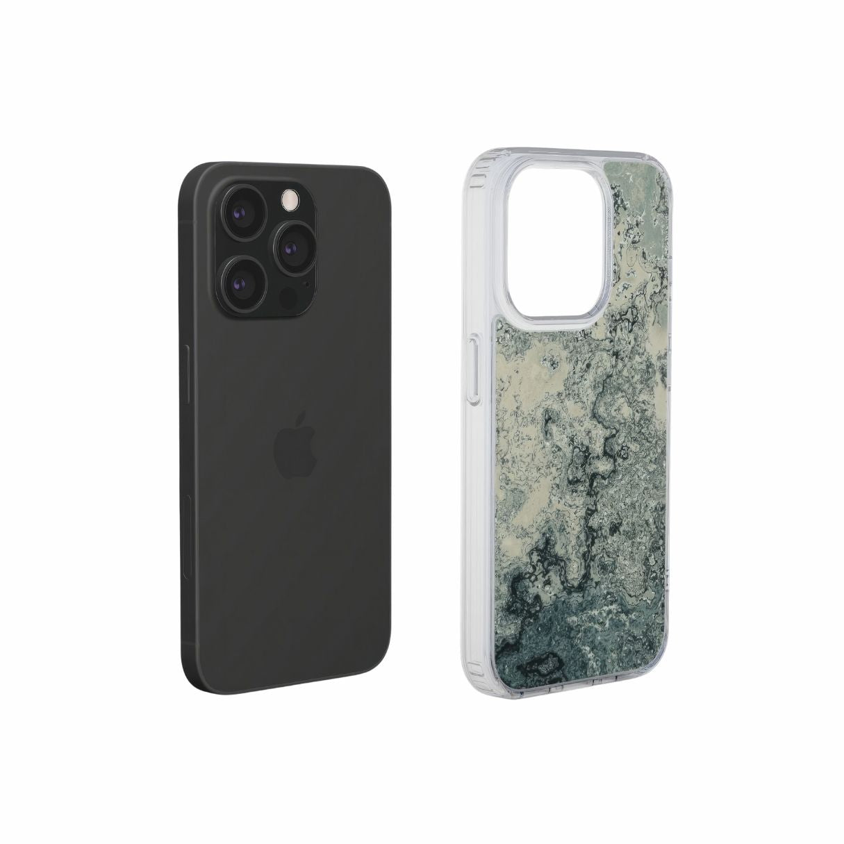 Clear phone case with a bold vivid pattern Blue Night Dusts abstract and artistic style, featuring an elegant and expressive aesthetic design. Main colors are blue and beige. Extend view.