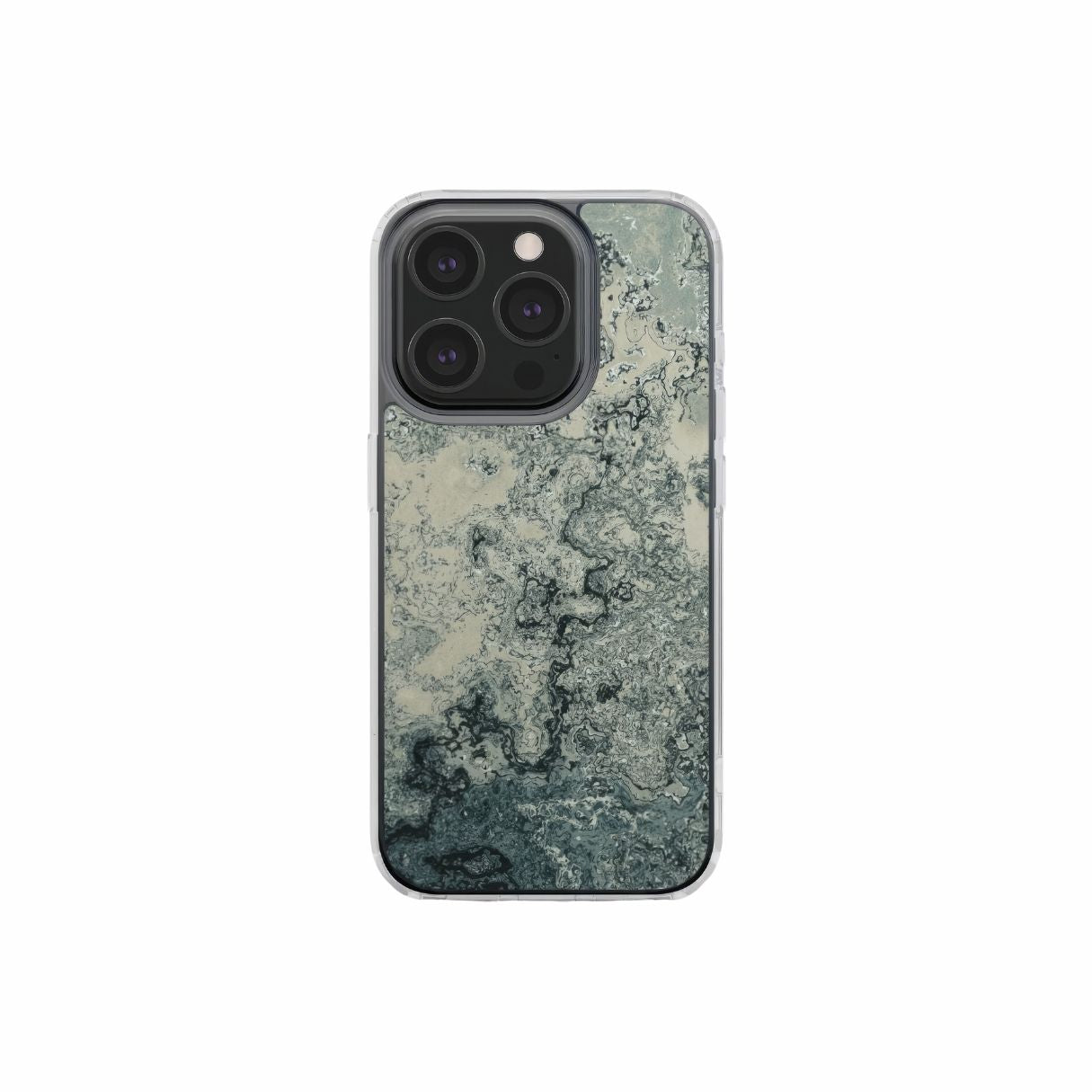 Clear phone case with a bold vivid pattern Blue Night Dusts abstract and artistic style, featuring an elegant and expressive aesthetic design. Main colors are blue and beige. Front view.