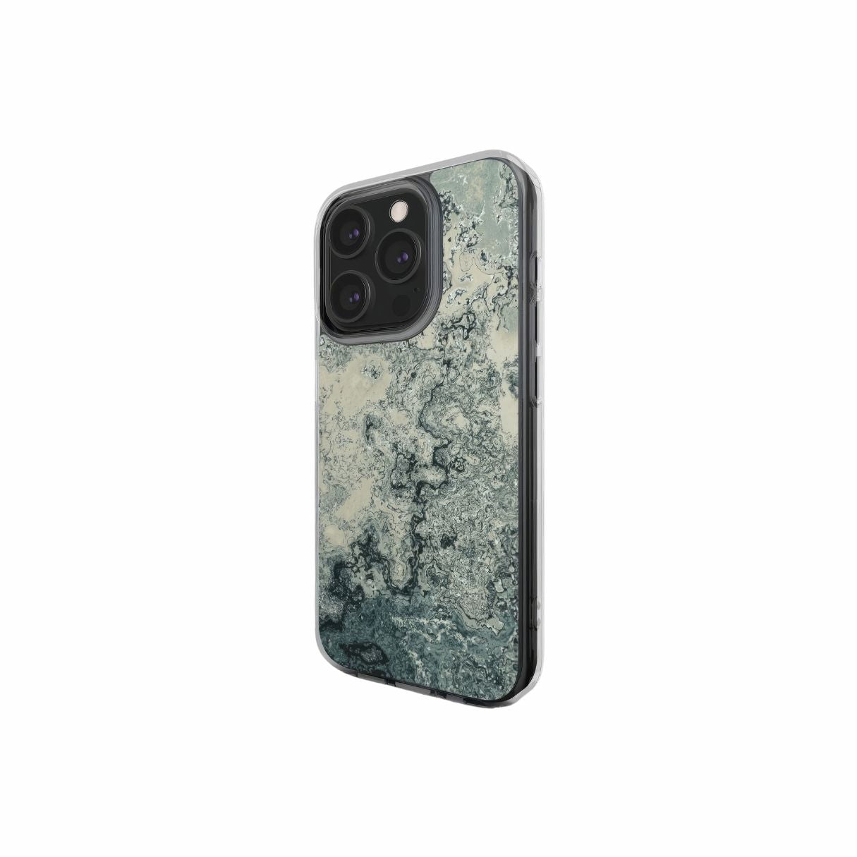 Clear phone case with a bold vivid pattern Blue Night Dusts abstract and artistic style, featuring an elegant and expressive aesthetic design. Main colors are blue and beige. Side view.