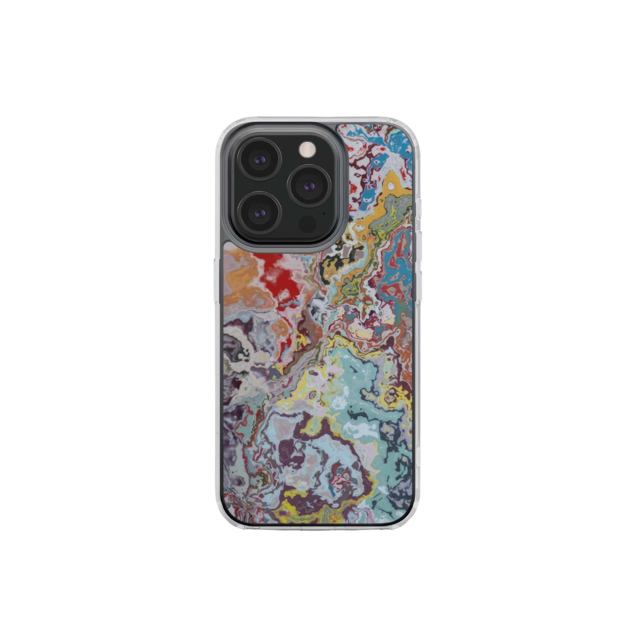 Clear phone case front view; Bold Sprinkles 2 pattern, artistic, abstract marble pattern. Mix color combination. Bold expressive aesthetic design. Colorful and interior fit. Elegant.