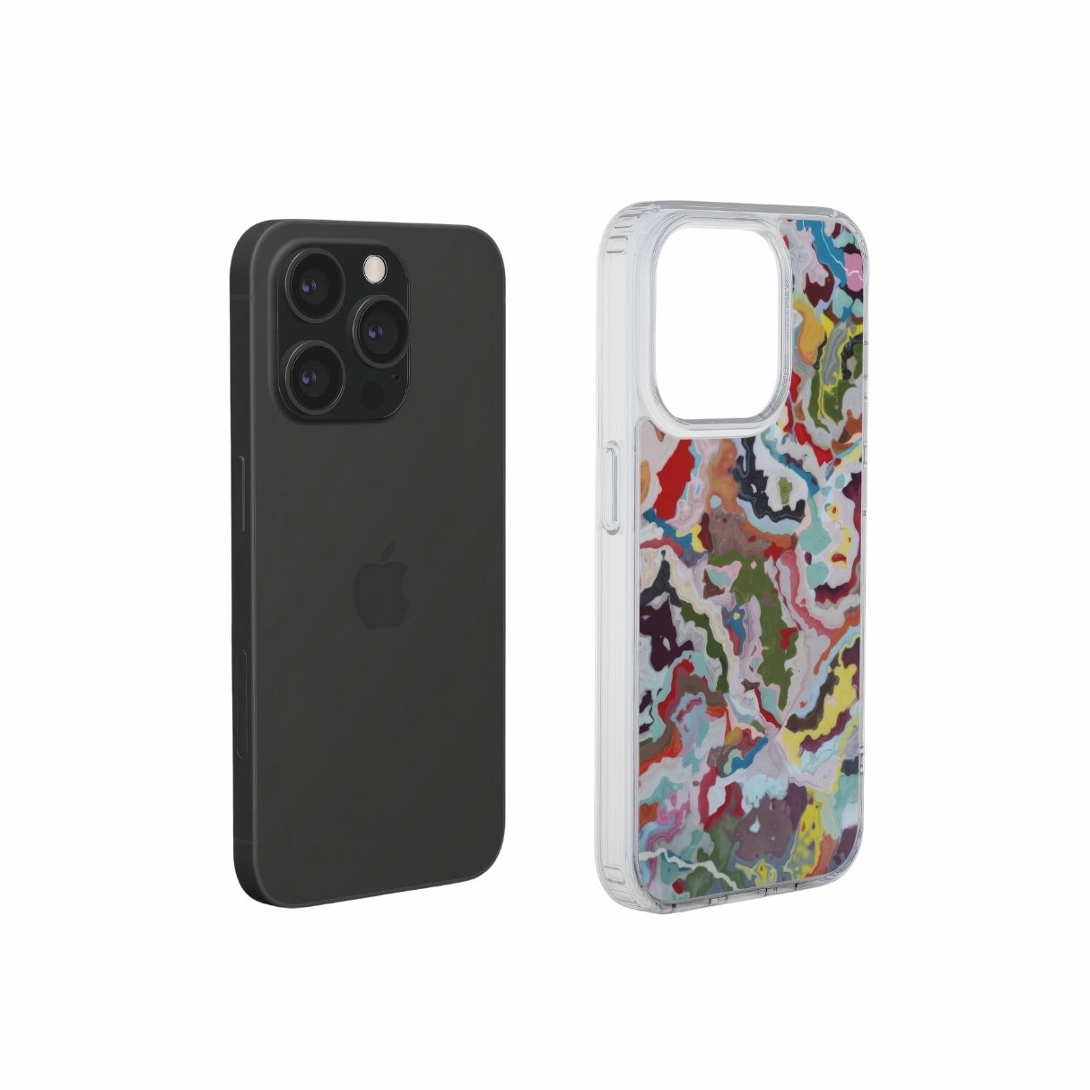 Clear phone  case extend view; Bold Sprinkles pattern, artistic, abstract marble pattern. Mix color combination. Bold expressive aesthetic design. Colorful and interior fit. Elegant.