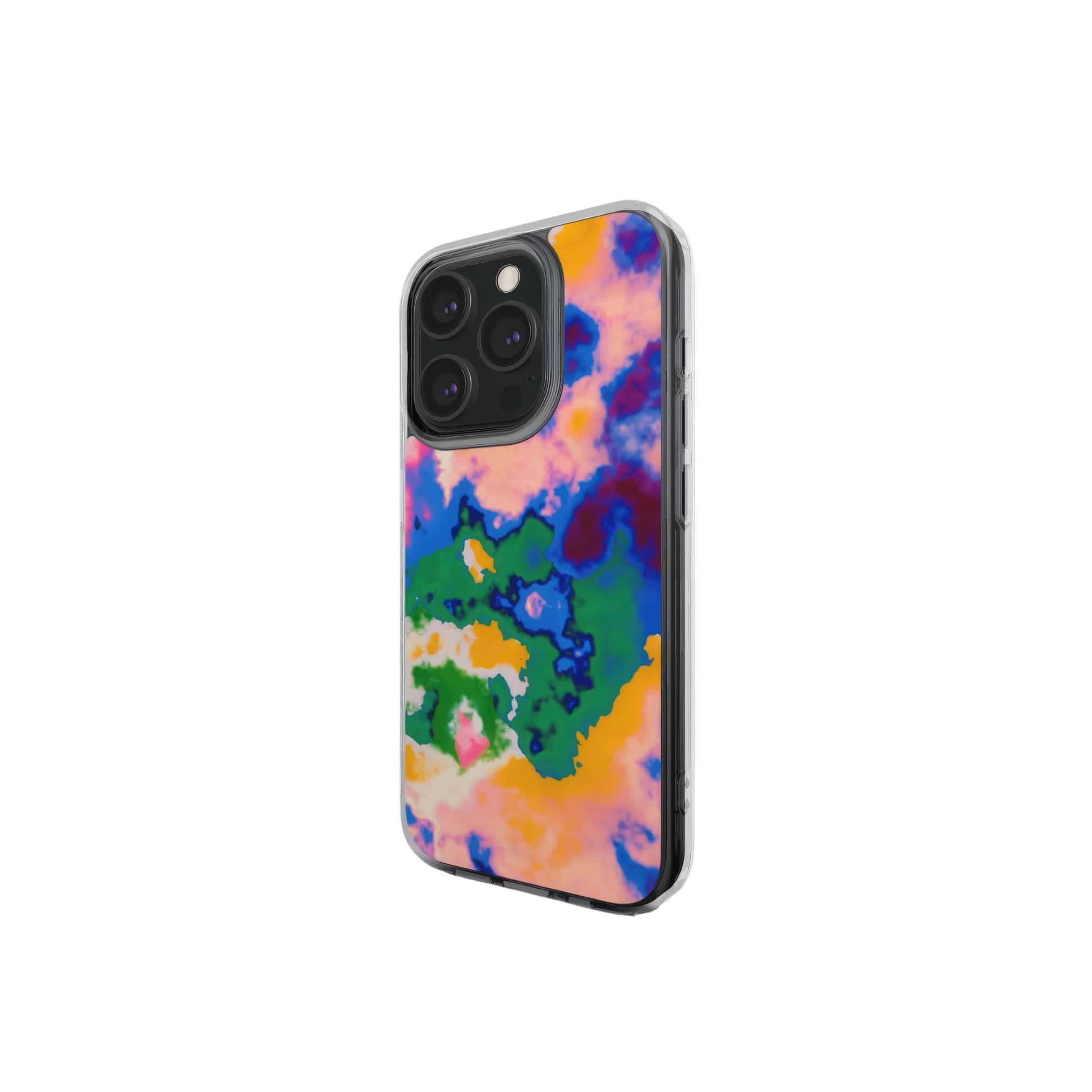 Clear phone case side view; Brazil 1 pattern, artistic, abstract marble pattern. Orange, green and blue color combination.