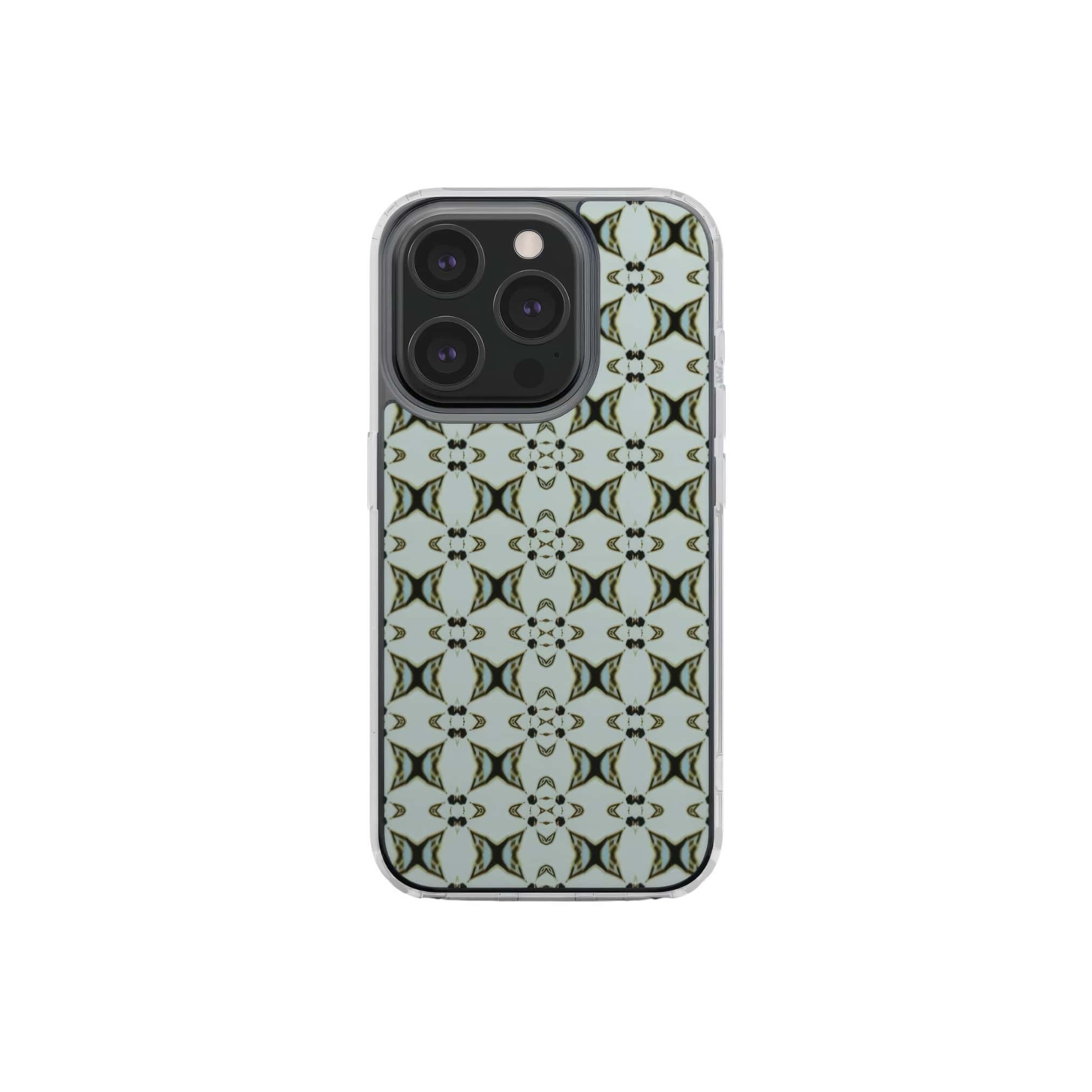 Clear phone case ButterFly pattern design with a playful, bold expression of kaleidoscope form, featuring an elegant and expressive aesthetic design. Main color is light blue. Front view.